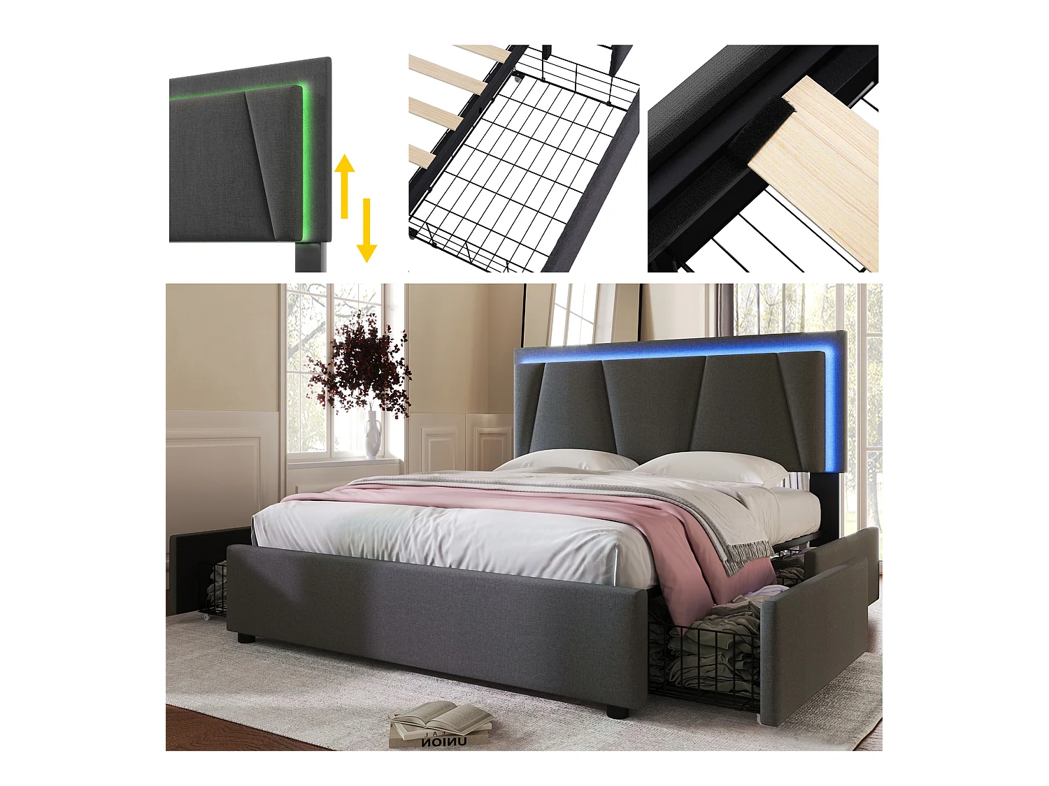 Lit adulte 140x200cm avec 4 tiroirs et LED, tête de lit réglable en hauteur, lin gris, sans matelas