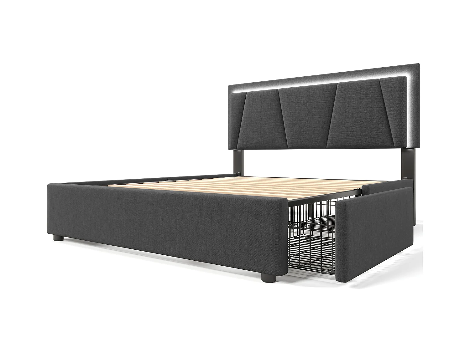 Lit adulte 140x200cm avec 4 tiroirs et LED, tête de lit réglable en hauteur, lin gris, sans matelas
