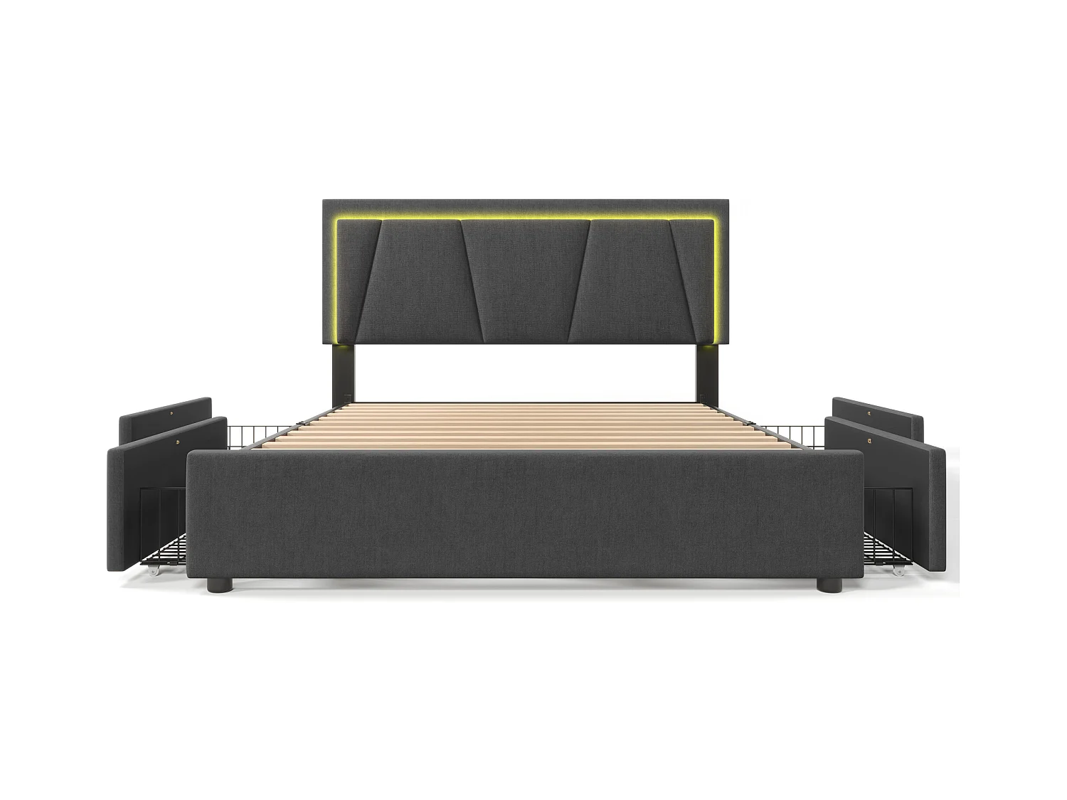 Lit adulte 140x200cm avec 4 tiroirs et LED, tête de lit réglable en hauteur, lin gris, sans matelas