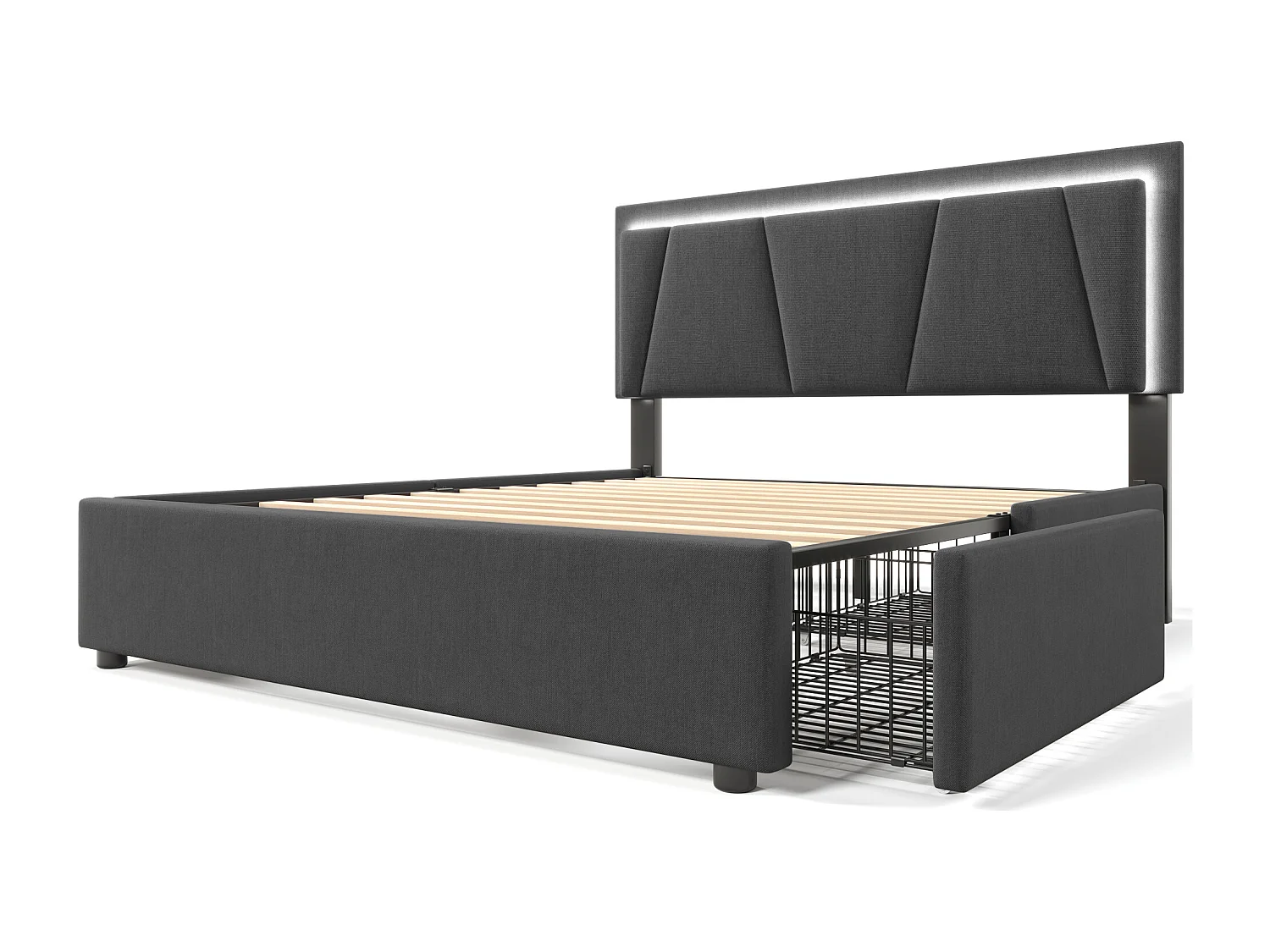 Lit adulte 140x200cm avec 4 tiroirs et LED, tête de lit réglable en hauteur, lin gris, sans matelas