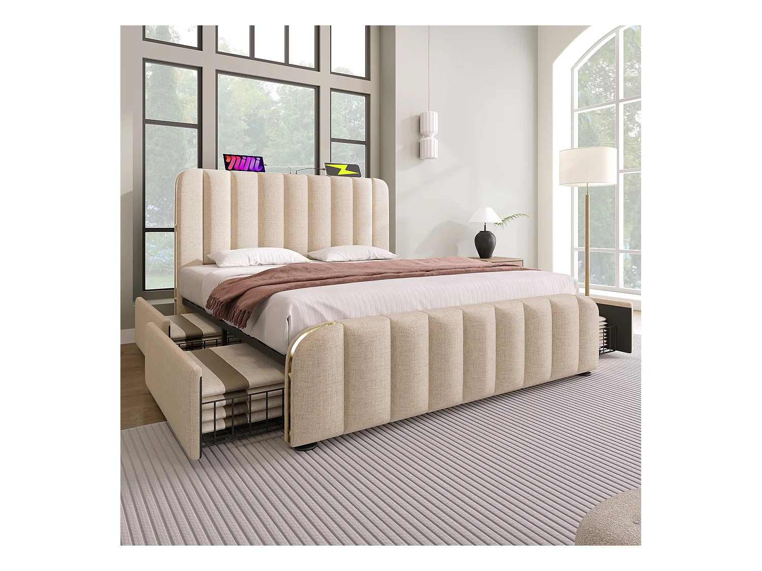 Letto matrimoniale 160x200 cm con 4 cassetti e porte USB, lino beige, senza materasso