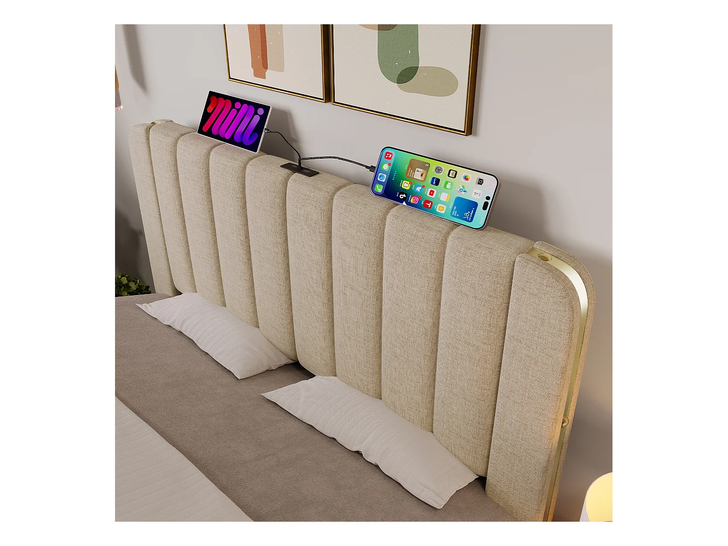 Letto matrimoniale 160x200 cm con 4 cassetti e porte USB, lino beige, senza materasso