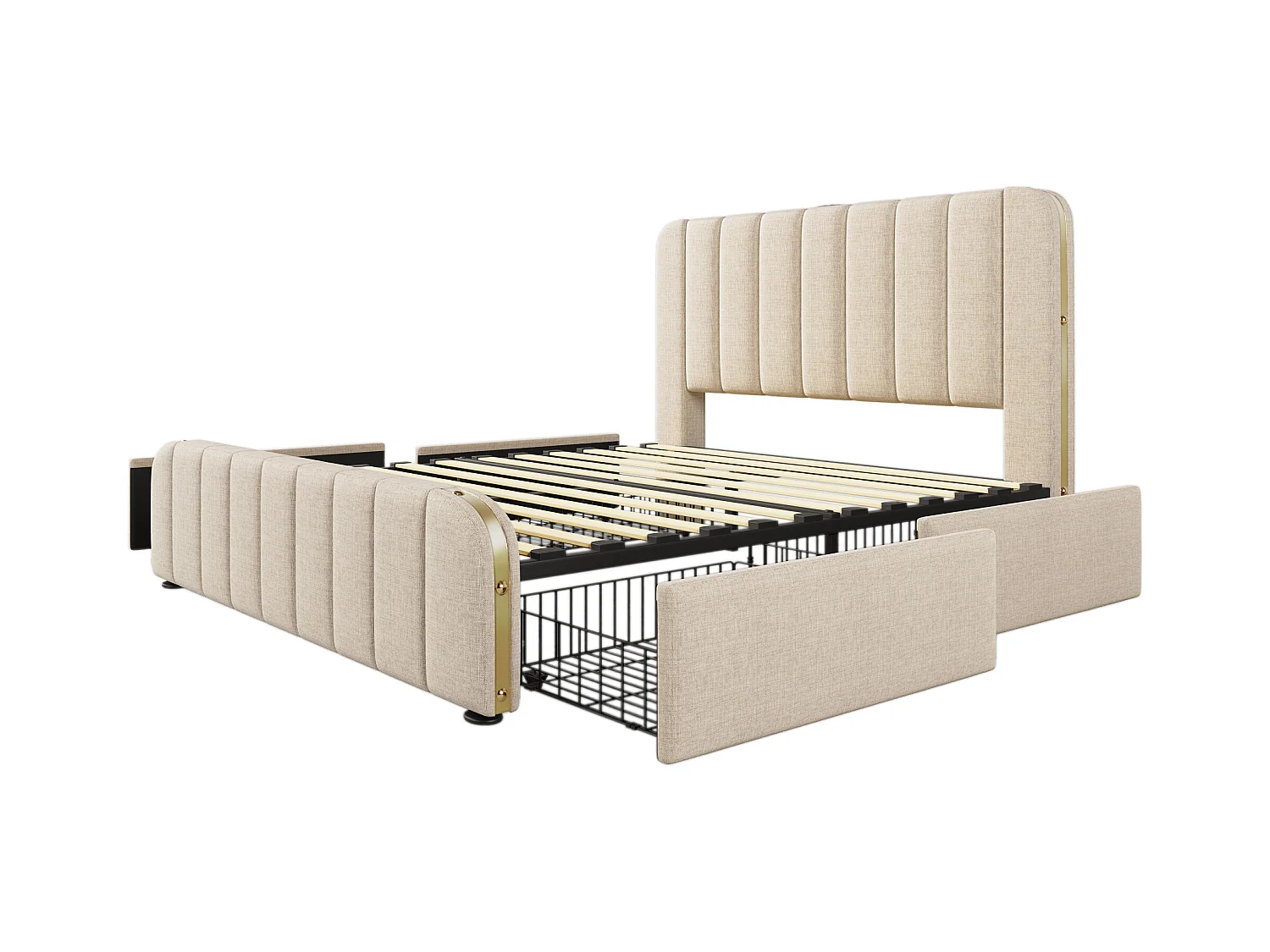 Letto matrimoniale 160x200 cm con 4 cassetti e porte USB, lino beige, senza materasso