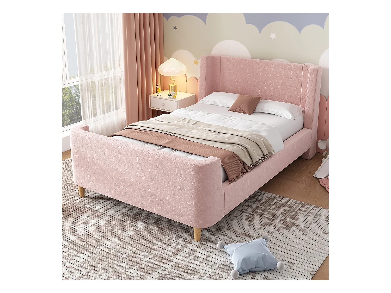 Lit enfant 90x200cm, en velours rose, sommier à lattes, sans matelas