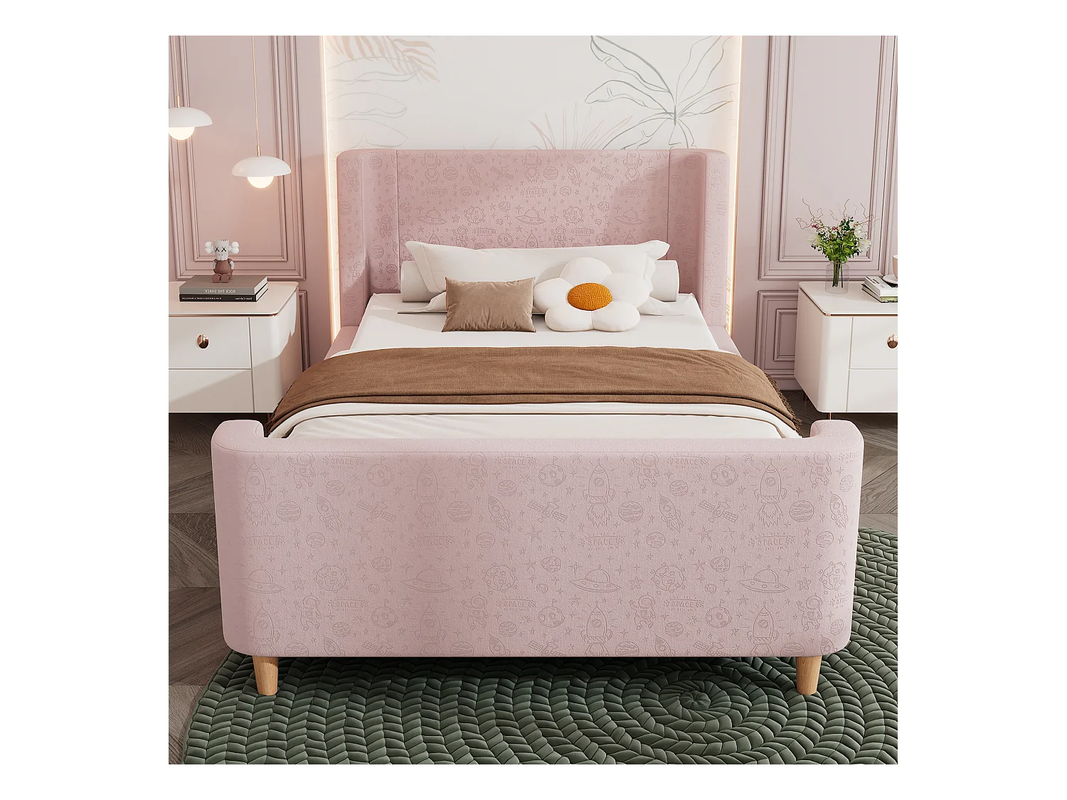 Lit enfant 90x200cm, en velours rose, sommier à lattes, sans matelas