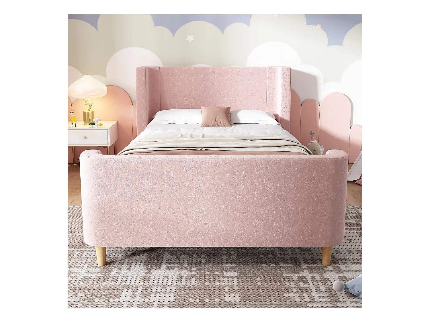 Lit enfant 90x200cm, en velours rose, sommier à lattes, sans matelas