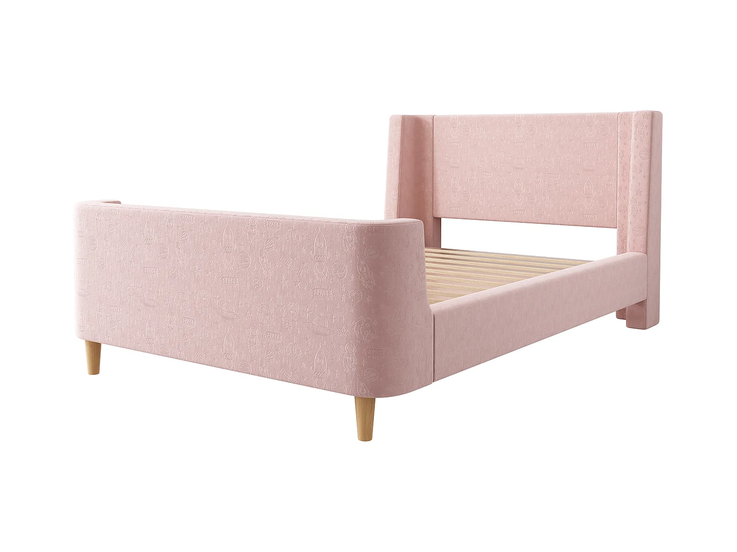 Lit enfant 90x200cm, en velours rose, sommier à lattes, sans matelas