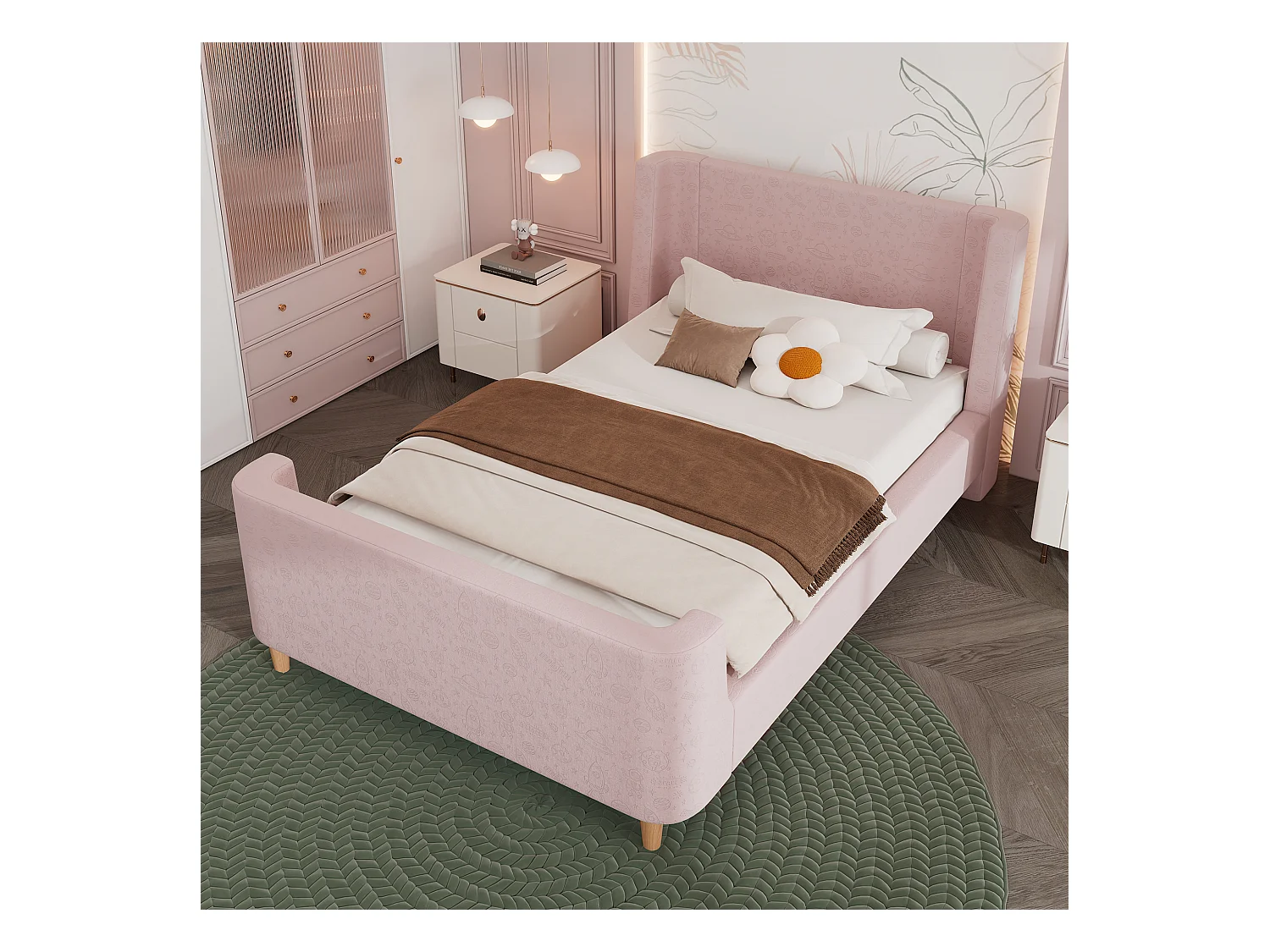 Lit enfant 90x200cm, en velours rose, sommier à lattes, sans matelas