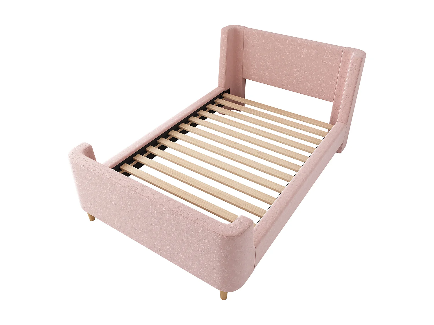 Cama infantil 90x200 cm en terciopelo rosa, somier de lamas, sin colchón