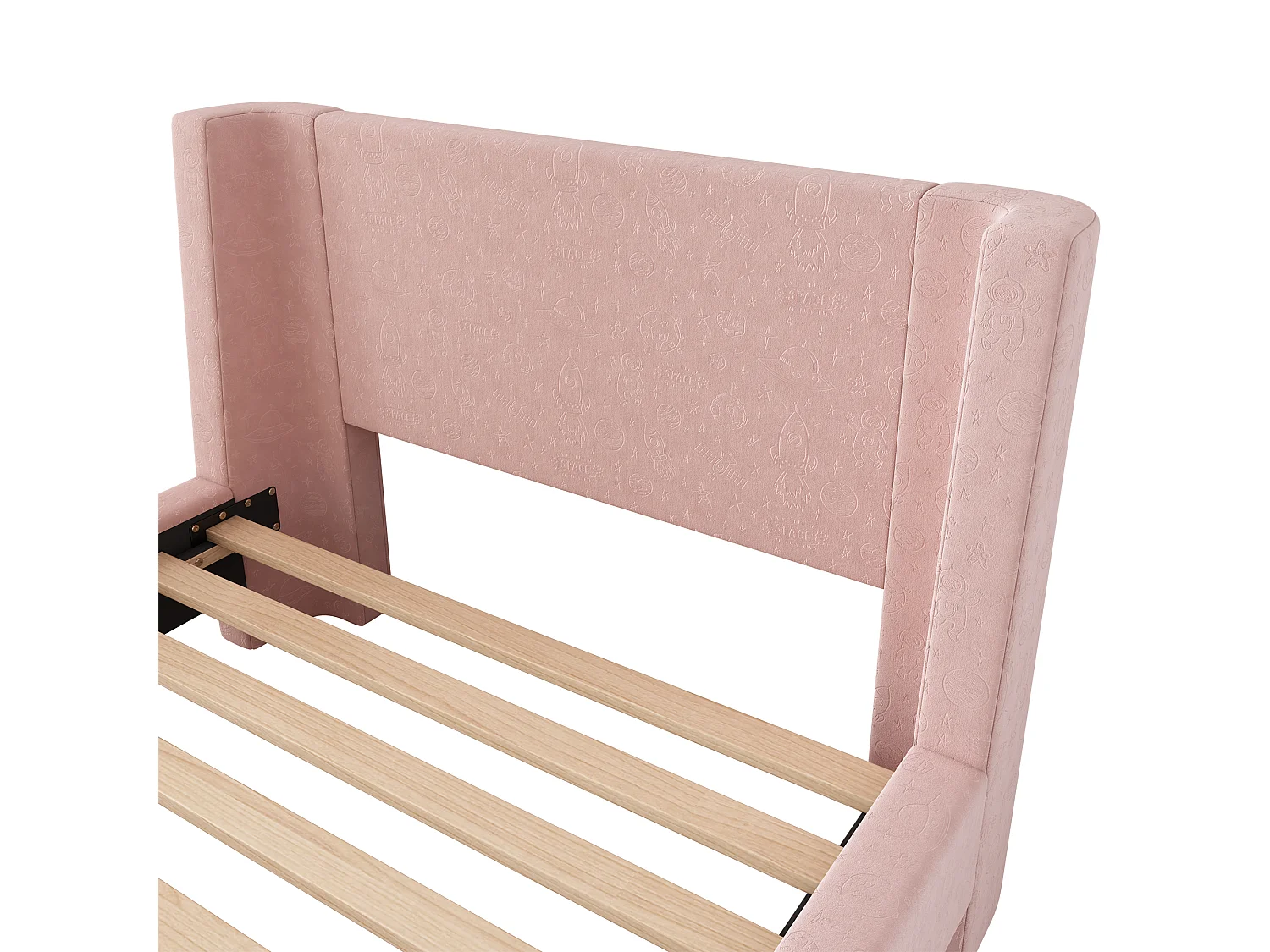 Cama infantil 90x200 cm en terciopelo rosa, somier de lamas, sin colchón