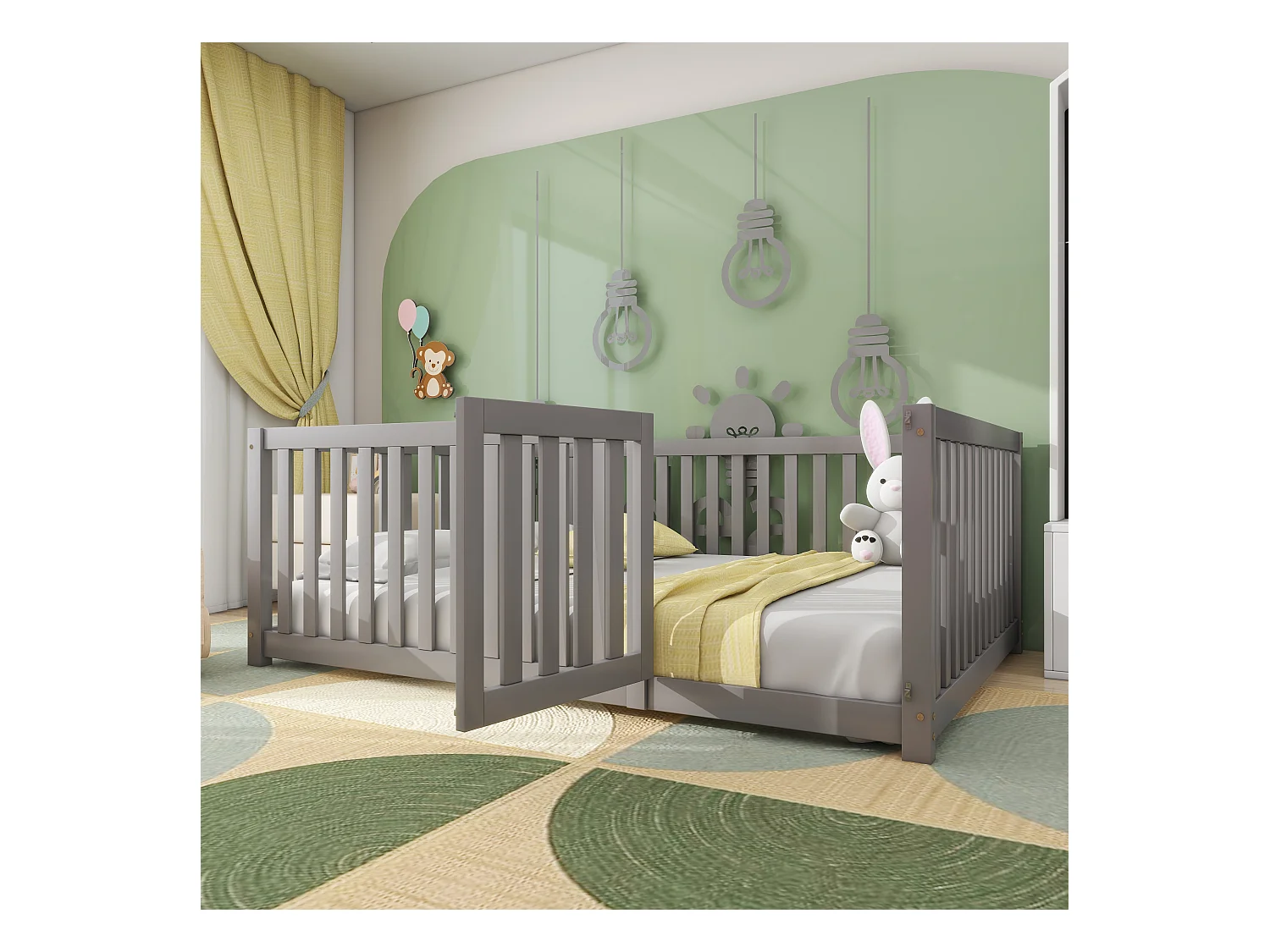 Lit enfant 140x200cm, lit au sol sans sommier, avec Barrières de sécurité, pin, gris, sans matelas