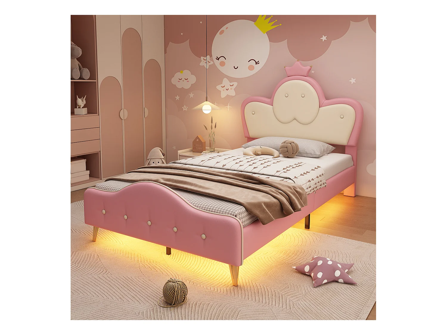 Lit enfant 90x200cm avec LED, en PU rose et blanc, sommier à lattes, sans matelas