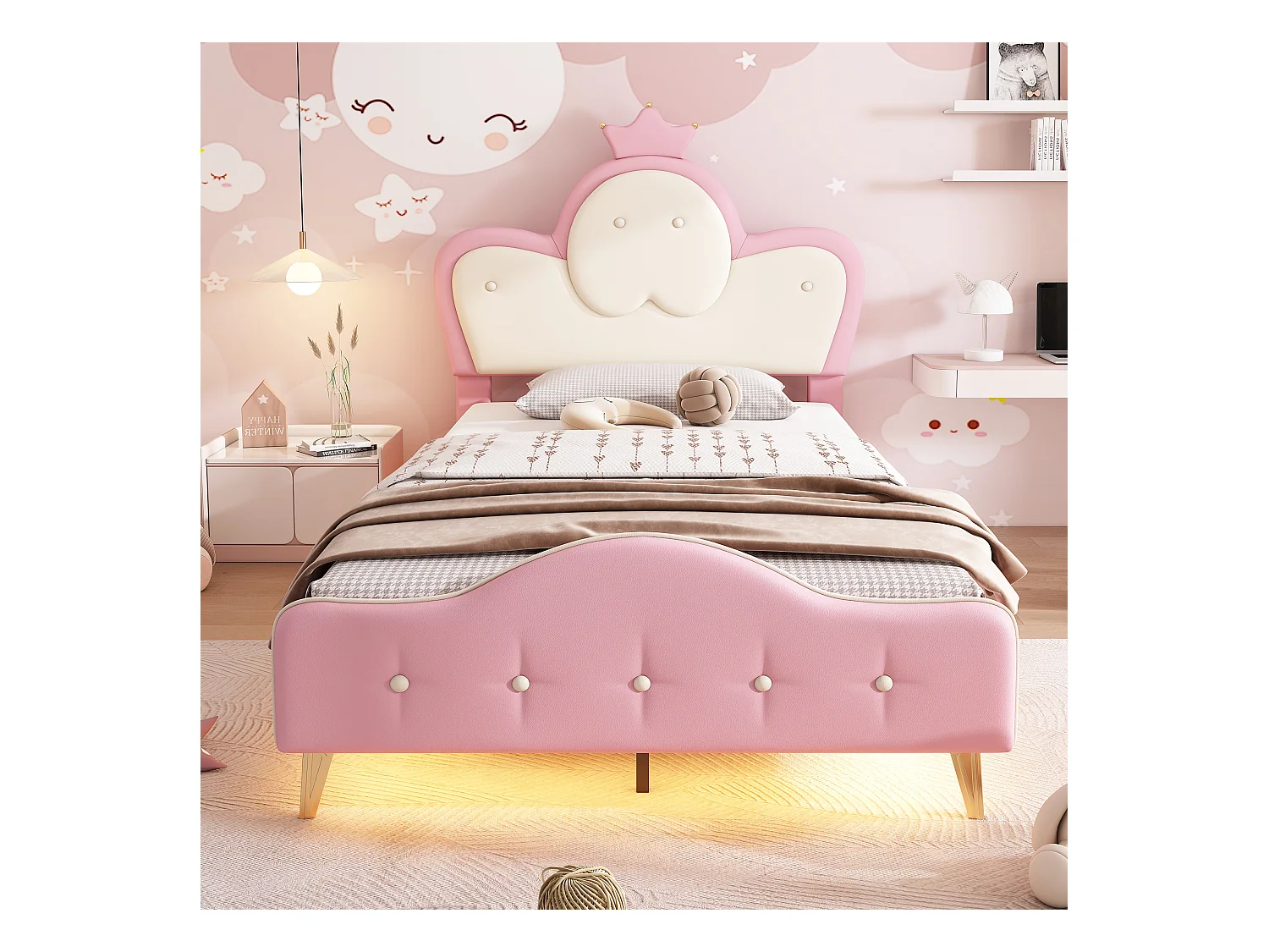 Lit enfant 90x200cm avec LED, en PU rose et blanc, sommier à lattes, sans matelas