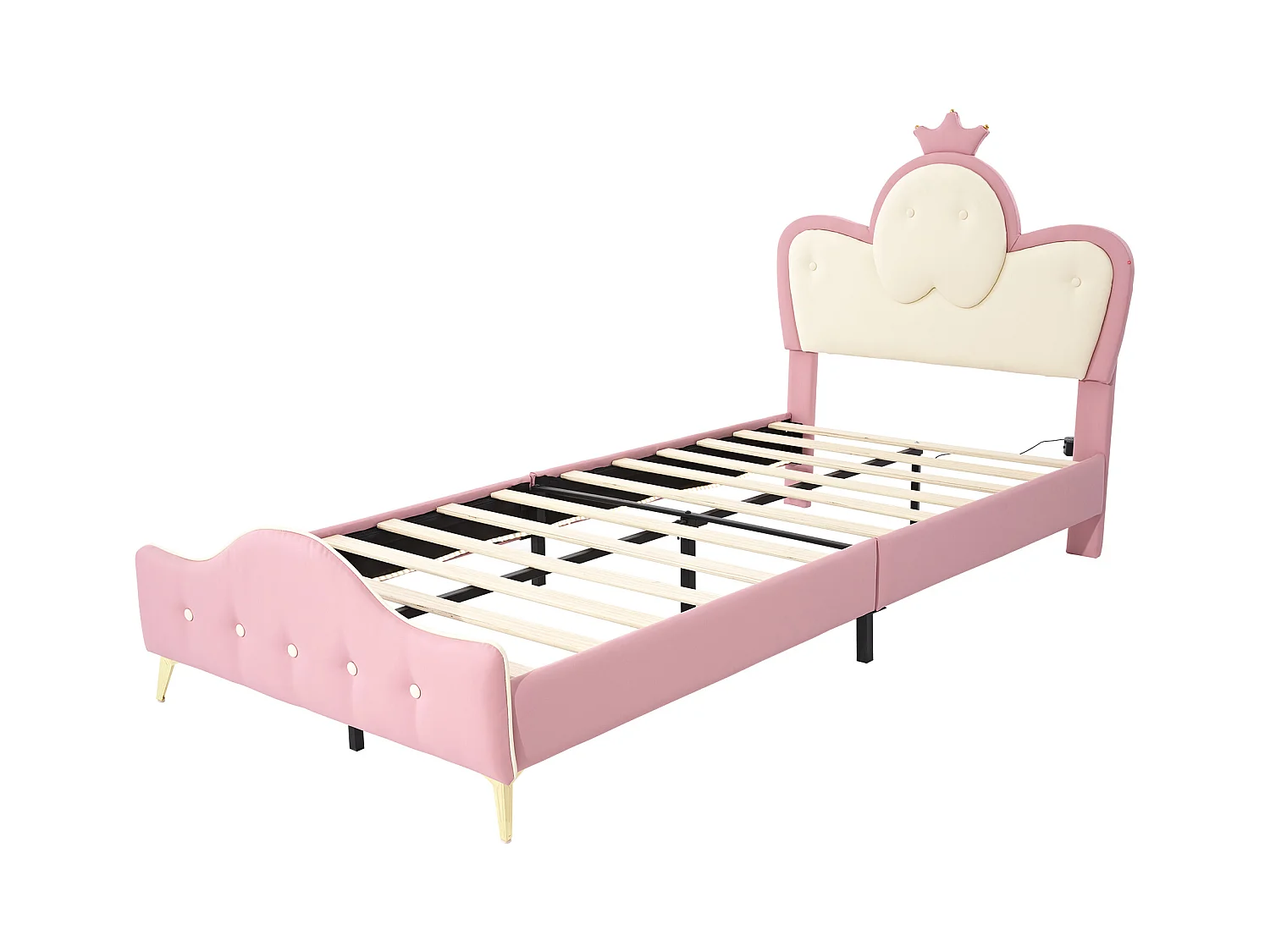 Lit enfant 90x200cm avec LED, en PU rose et blanc, sommier à lattes, sans matelas