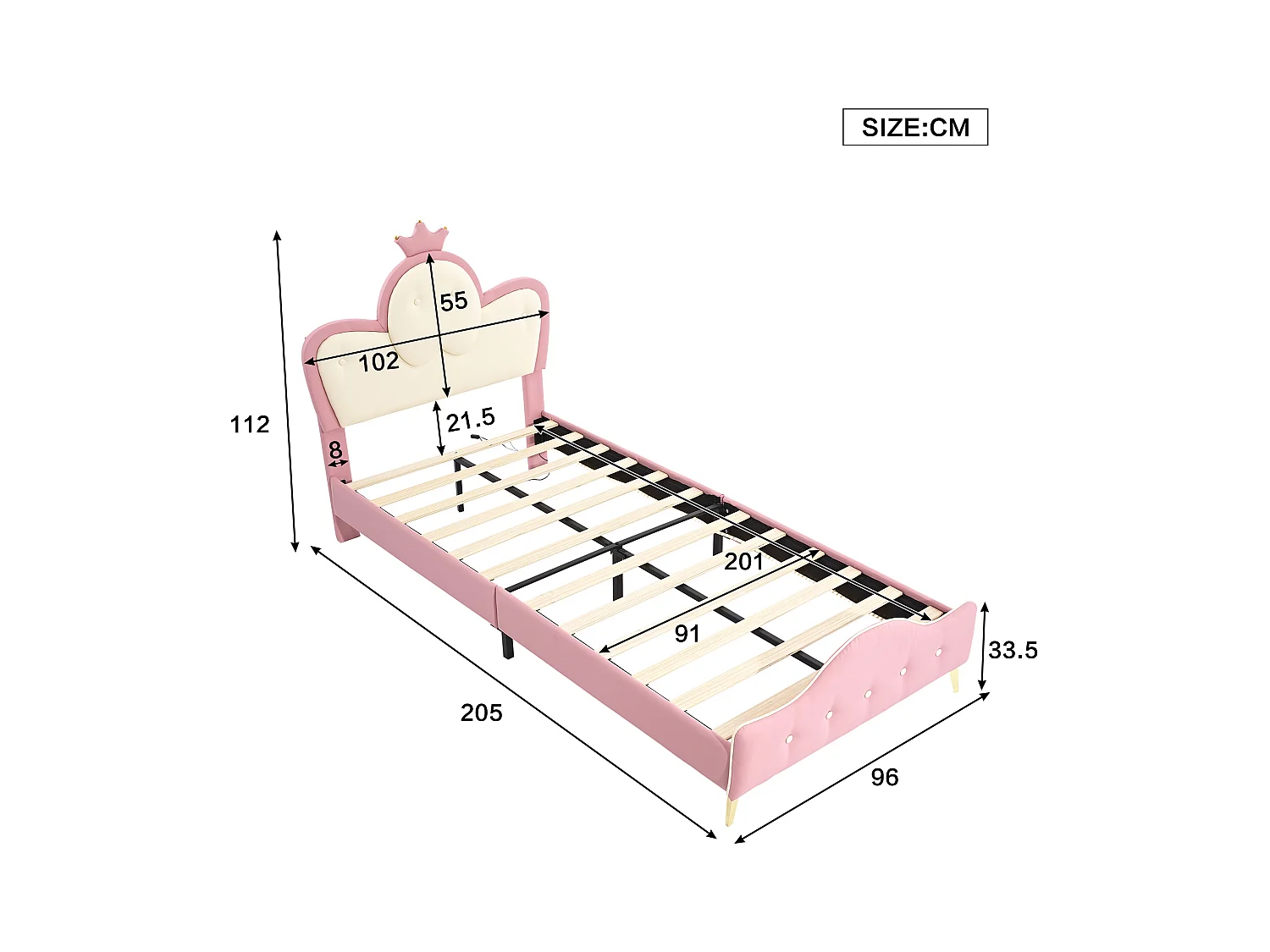 Lit enfant 90x200cm avec LED, en PU rose et blanc, sommier à lattes, sans matelas