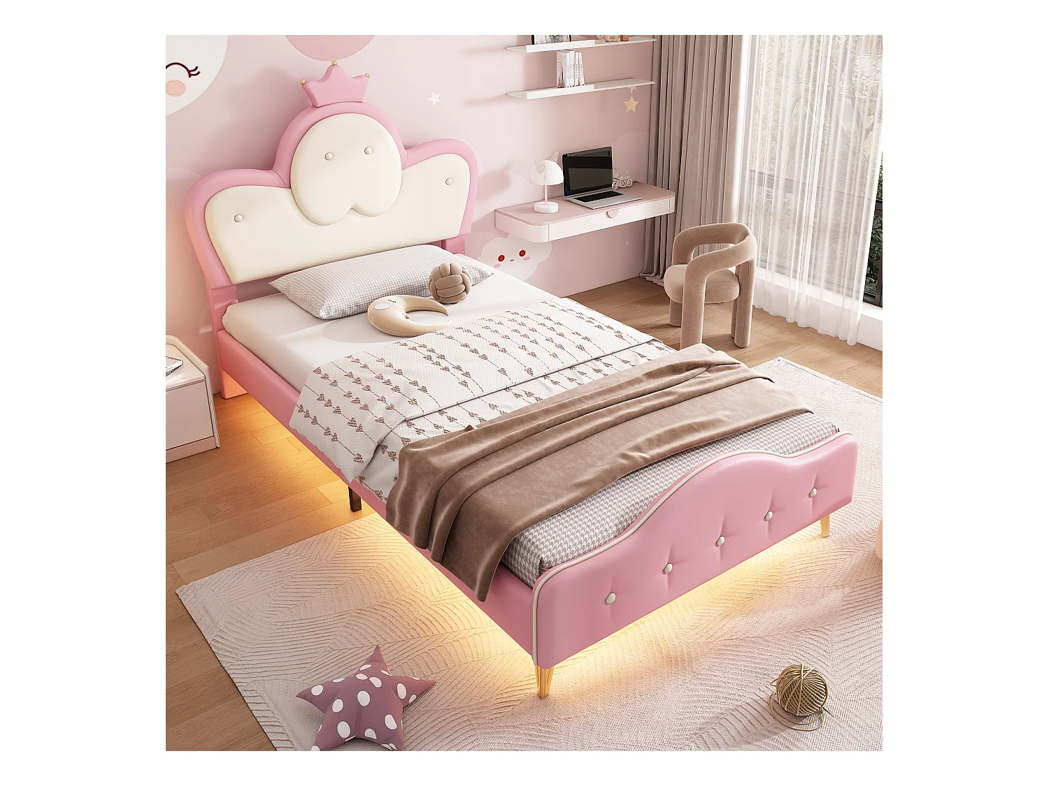 Lit enfant 90x200cm avec LED, en PU rose et blanc, sommier à lattes, sans matelas