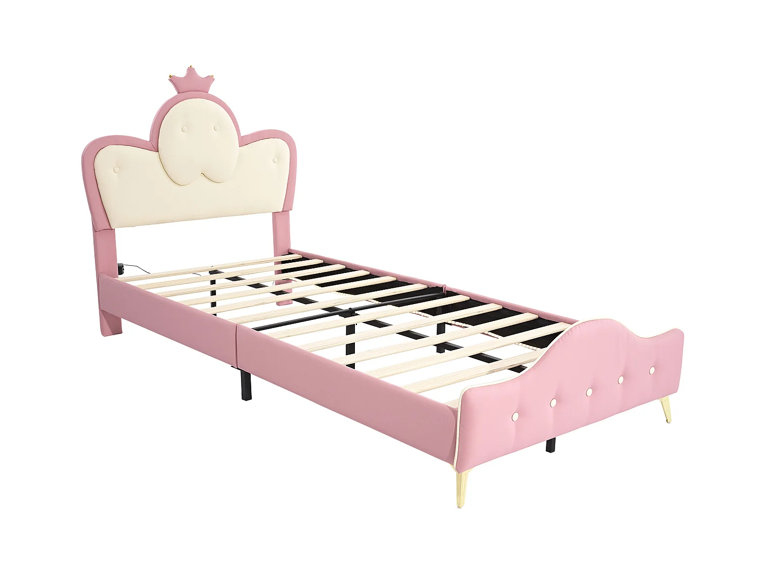 Lit enfant 90x200cm avec LED, en PU rose et blanc, sommier à lattes, sans matelas