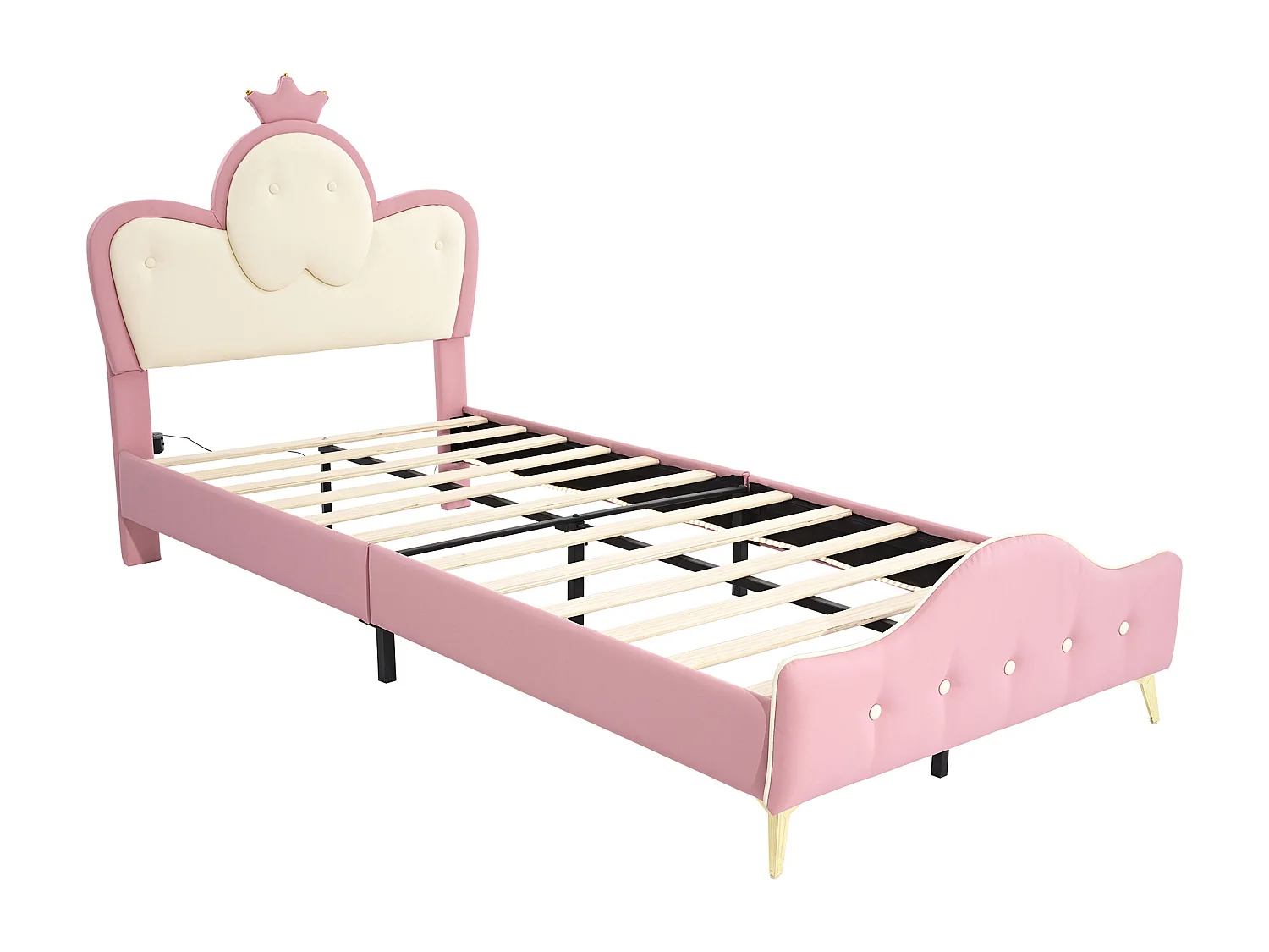 Letto per bambini 90x200 cm con LED, in PU rosa e bianco, rete a doghe, senza materasso