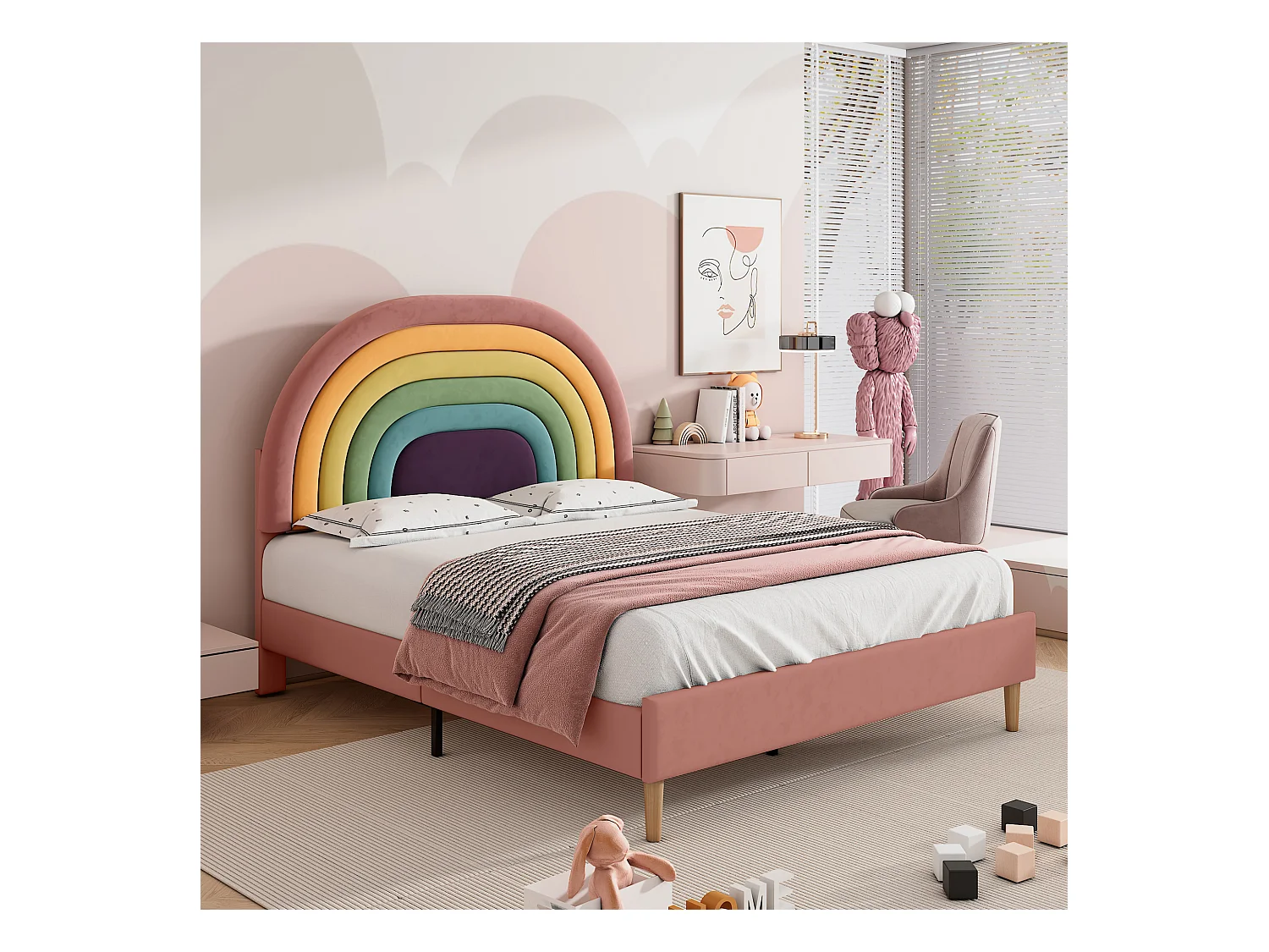 Lit enfant 140x200cm avec tête de lit réglable, sommier à lattes, velours, rose, sans matelas