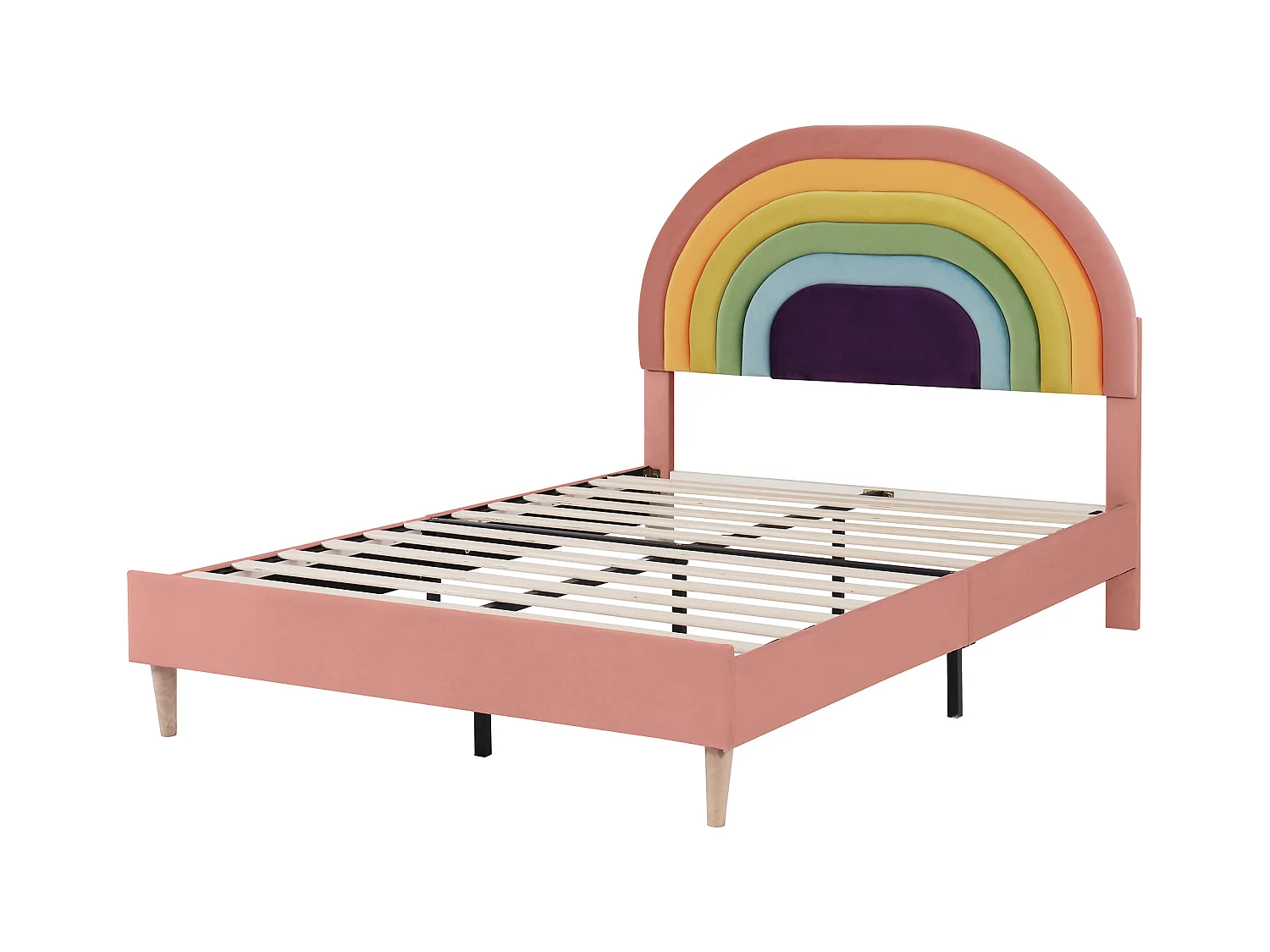 Lit enfant 140x200cm avec tête de lit réglable, sommier à lattes, velours, rose, sans matelas