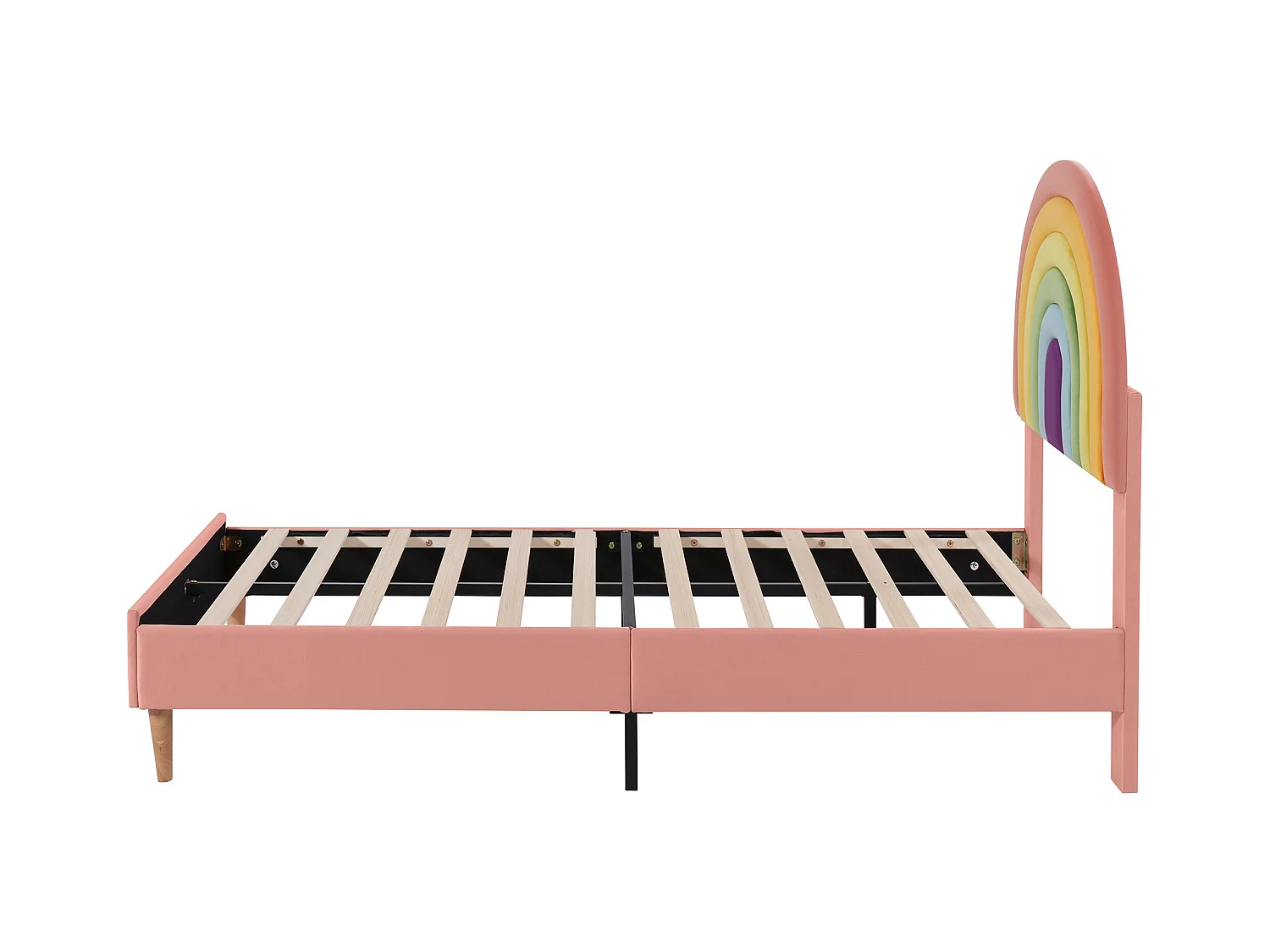 Lit enfant 140x200cm avec tête de lit réglable, sommier à lattes, velours, rose, sans matelas