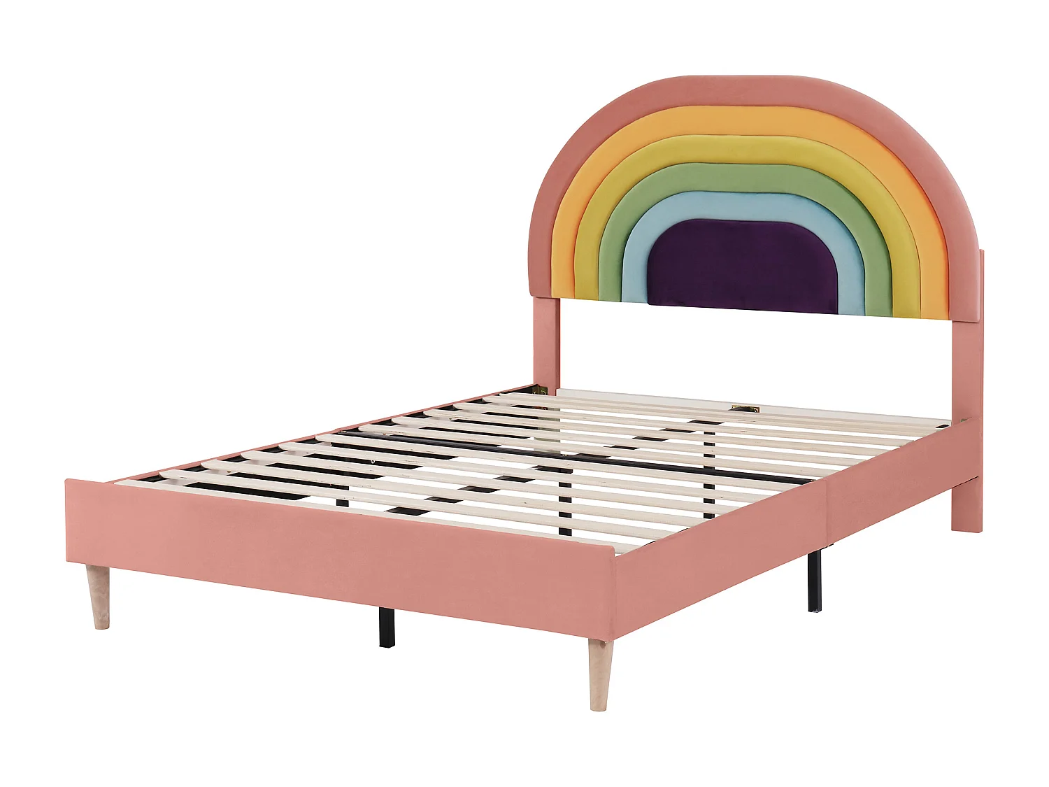 Lit enfant 140x200cm avec tête de lit réglable, sommier à lattes, velours, rose, sans matelas