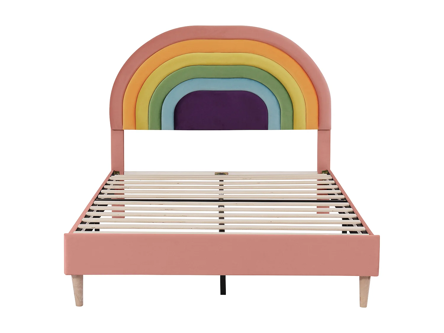 Lit enfant 140x200cm avec tête de lit réglable, sommier à lattes, velours, rose, sans matelas