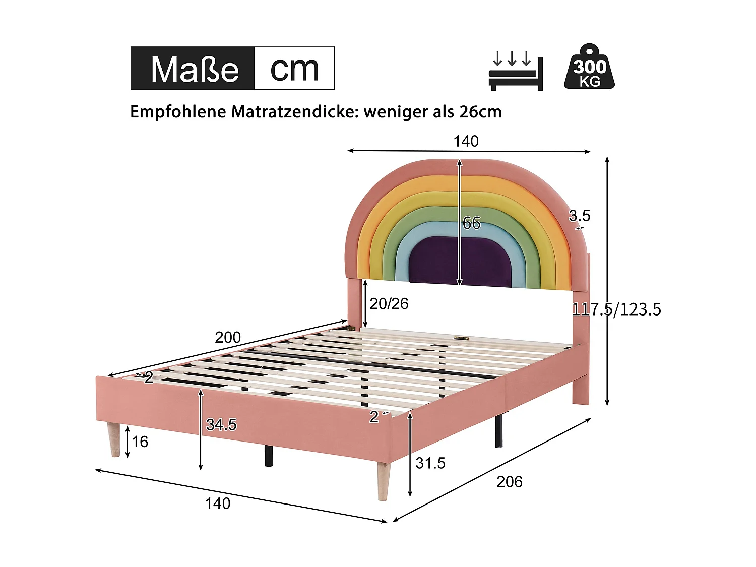 Kinderbed 140x200 cm met verstelbaar hoofdbord en lattenbodem, roze fluweel, zonder matras