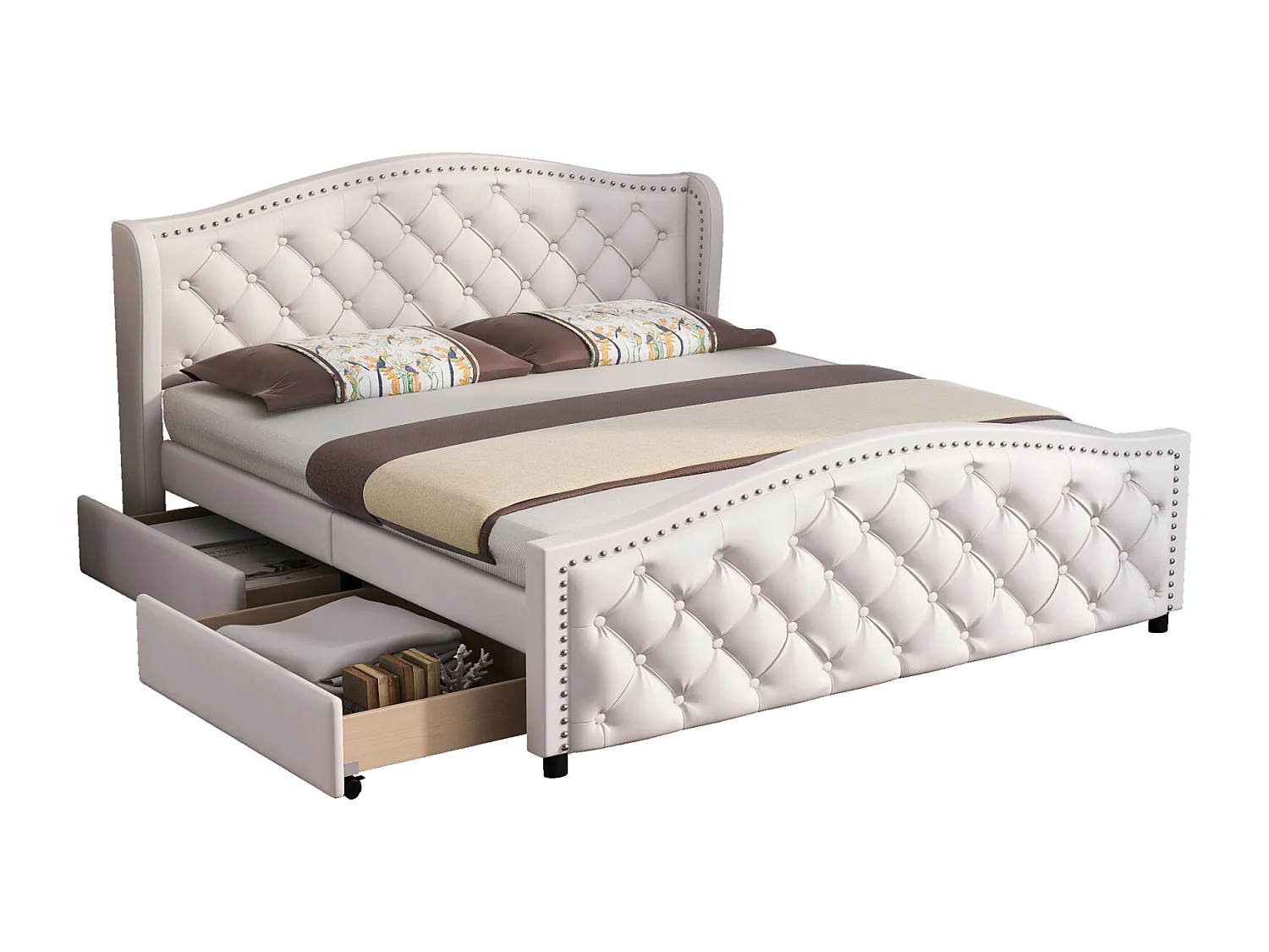 Lit rembourré 160 x 200 cm lit avec cadre à lattes, 2 tiroirs et tête de lit avec rivets à points de traction bois, cuir synthétique