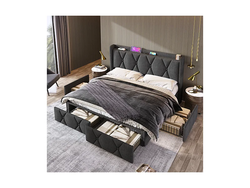 Lit adulte 160x200cm avec 4 tiroirs,2 USB et 2 prises, lin gris, sans matelas