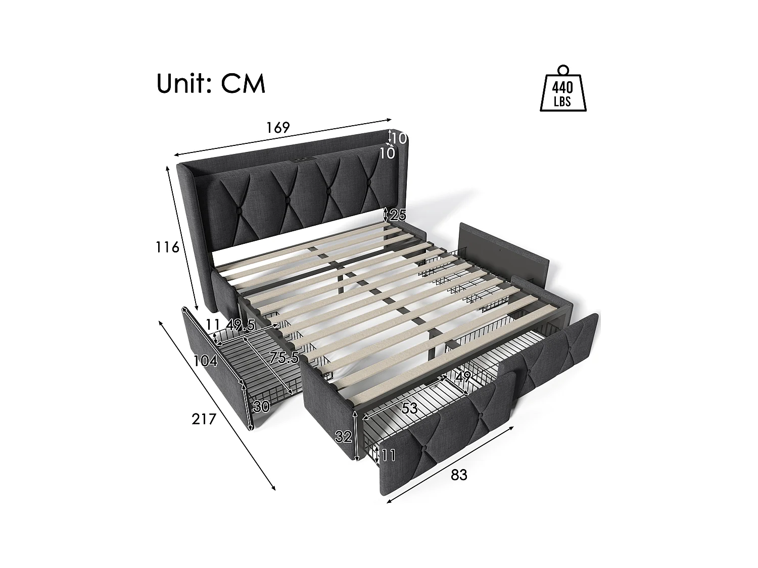 Lit adulte 160x200cm avec 4 tiroirs,2 USB et 2 prises, lin gris, sans matelas