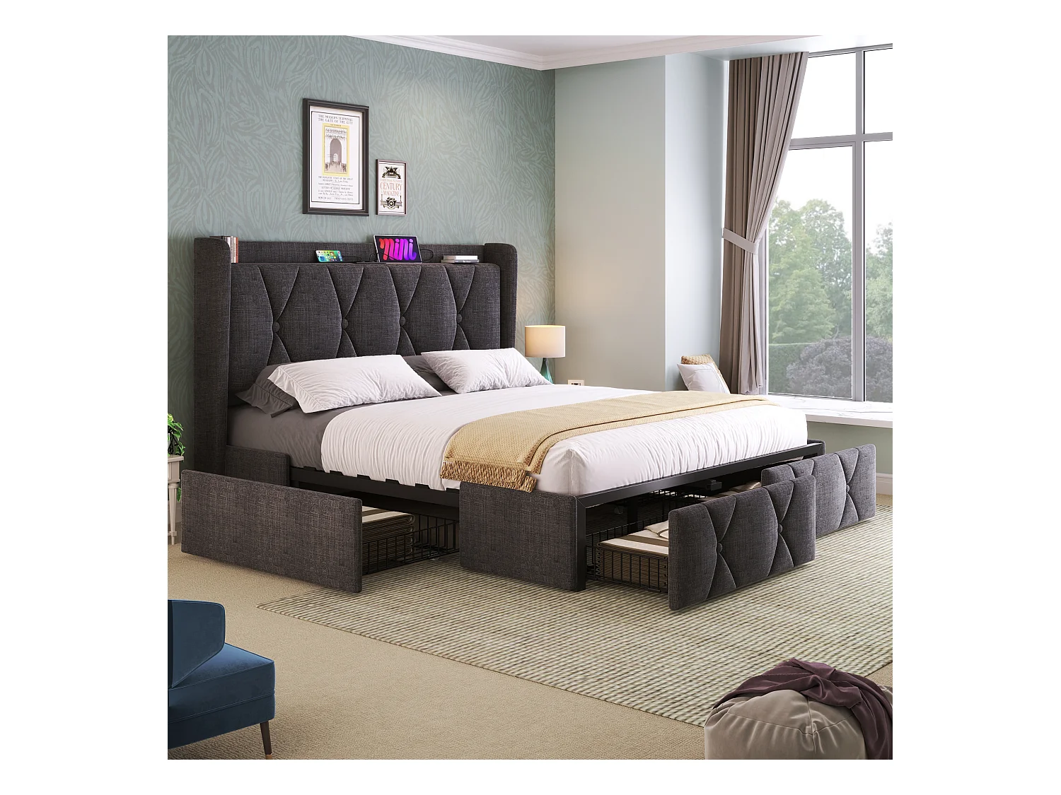 Lit adulte 160x200cm avec 4 tiroirs,2 USB et 2 prises, lin gris, sans matelas