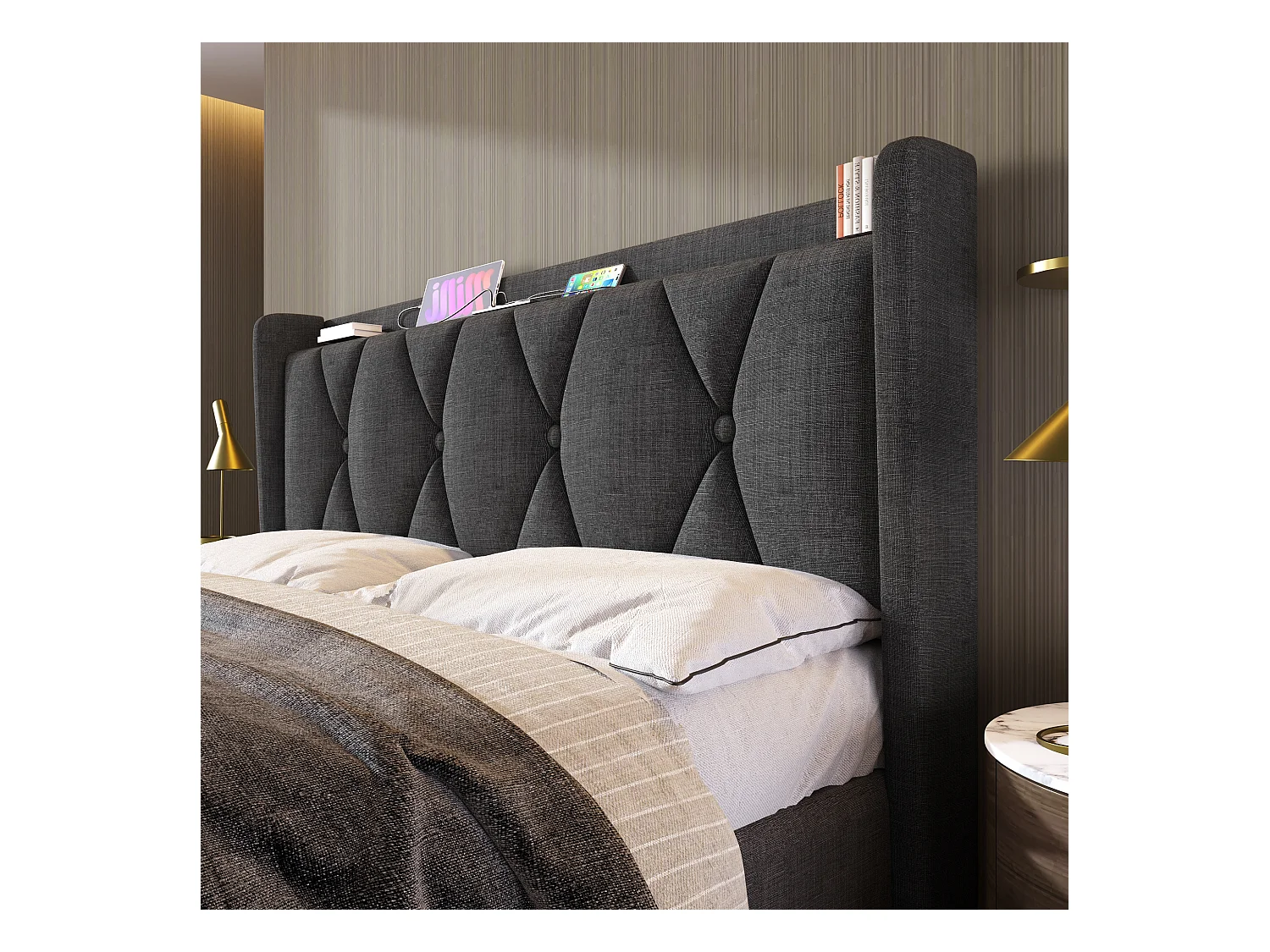 Lit adulte 160x200cm avec 4 tiroirs,2 USB et 2 prises, lin gris, sans matelas