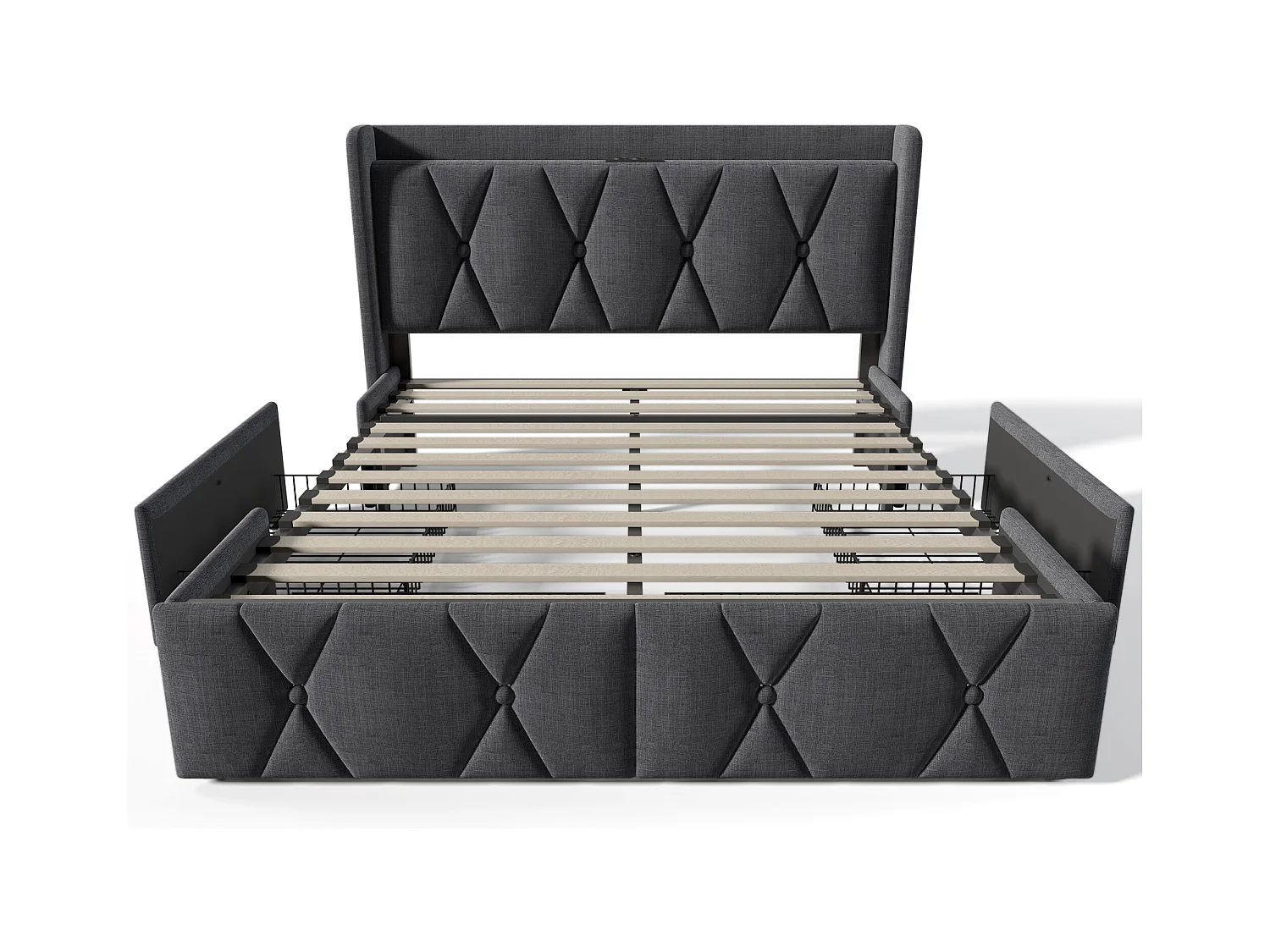 Lit adulte 160x200cm avec 4 tiroirs,2 USB et 2 prises, lin gris, sans matelas