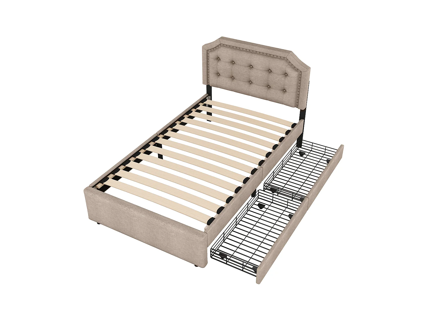 Lit enfant 90x200cm avec 2 tiroirs et tête de lit réglable en hauteur, lin beige foncé, sans matelas