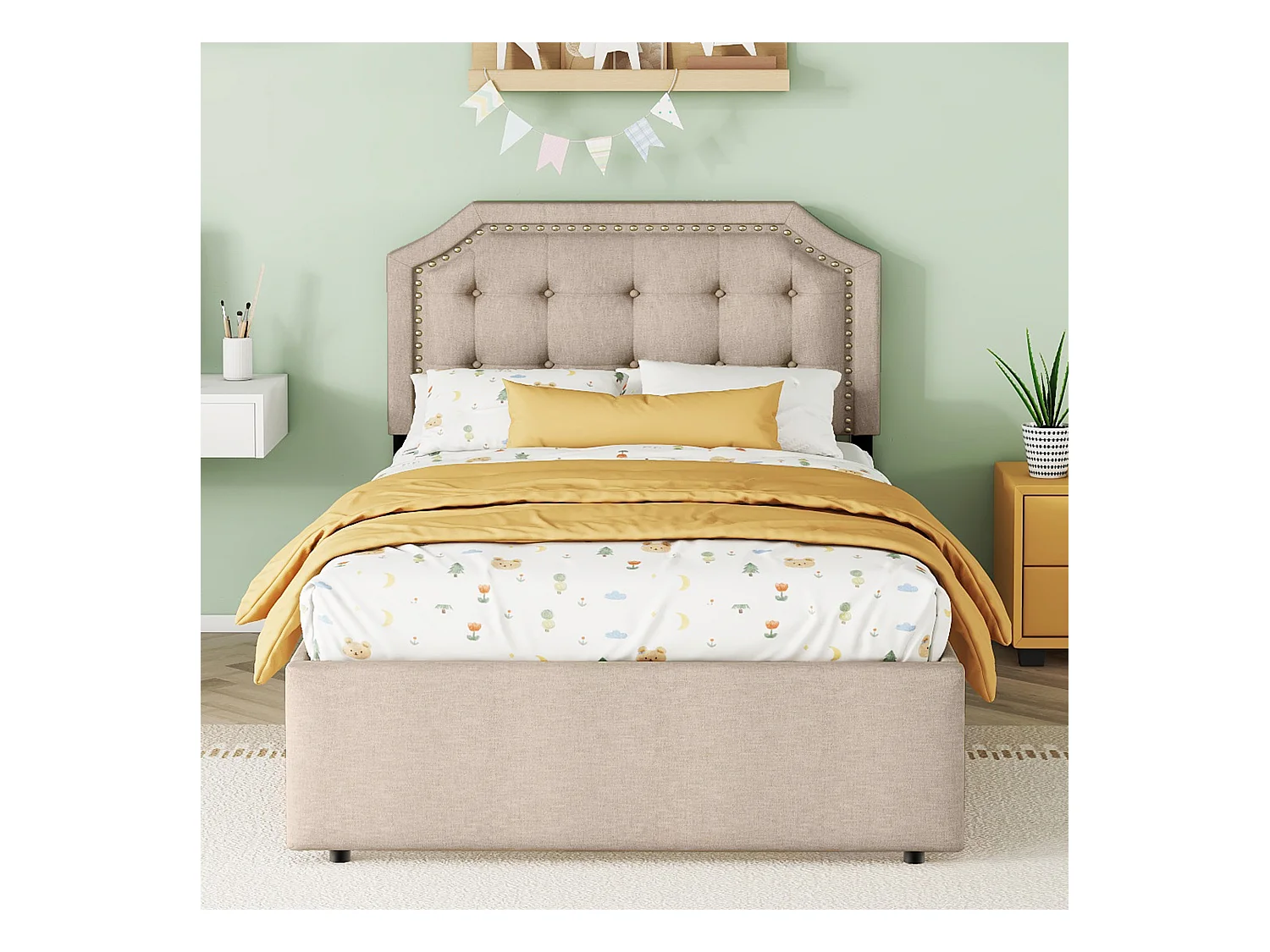 Lit enfant 90x200cm avec 2 tiroirs et tête de lit réglable en hauteur, lin beige foncé, sans matelas