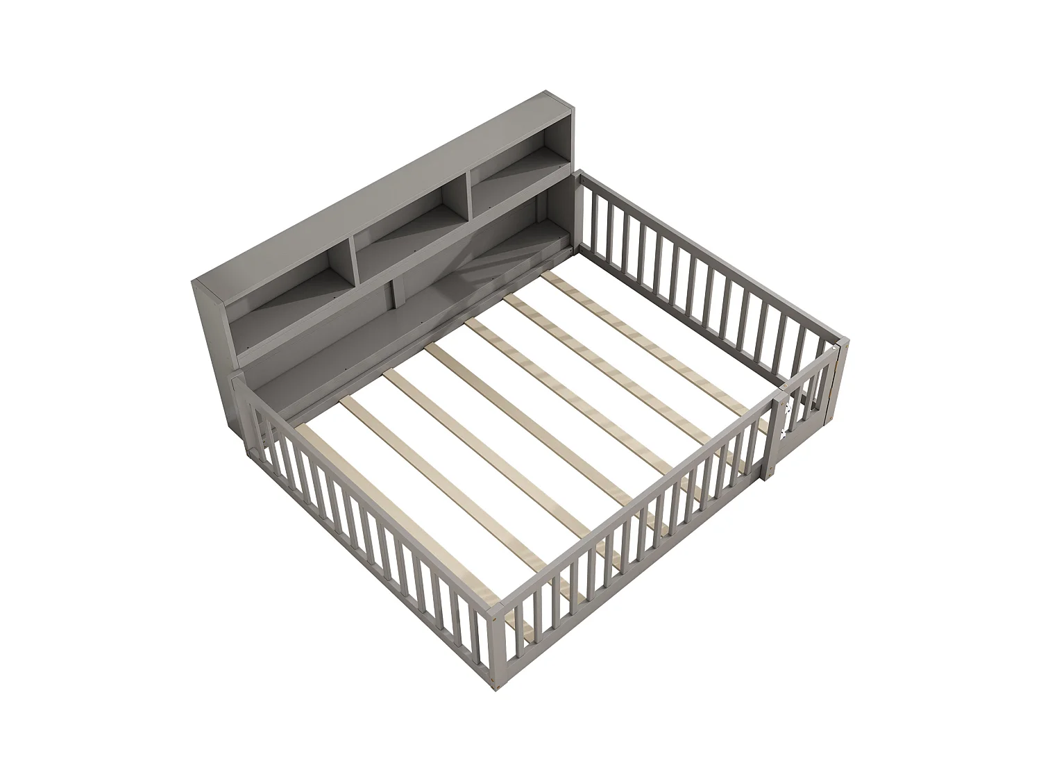 Lit au sol enfant 140x200cm avec barrière et Etagère, bois de pin gris, sans matelas