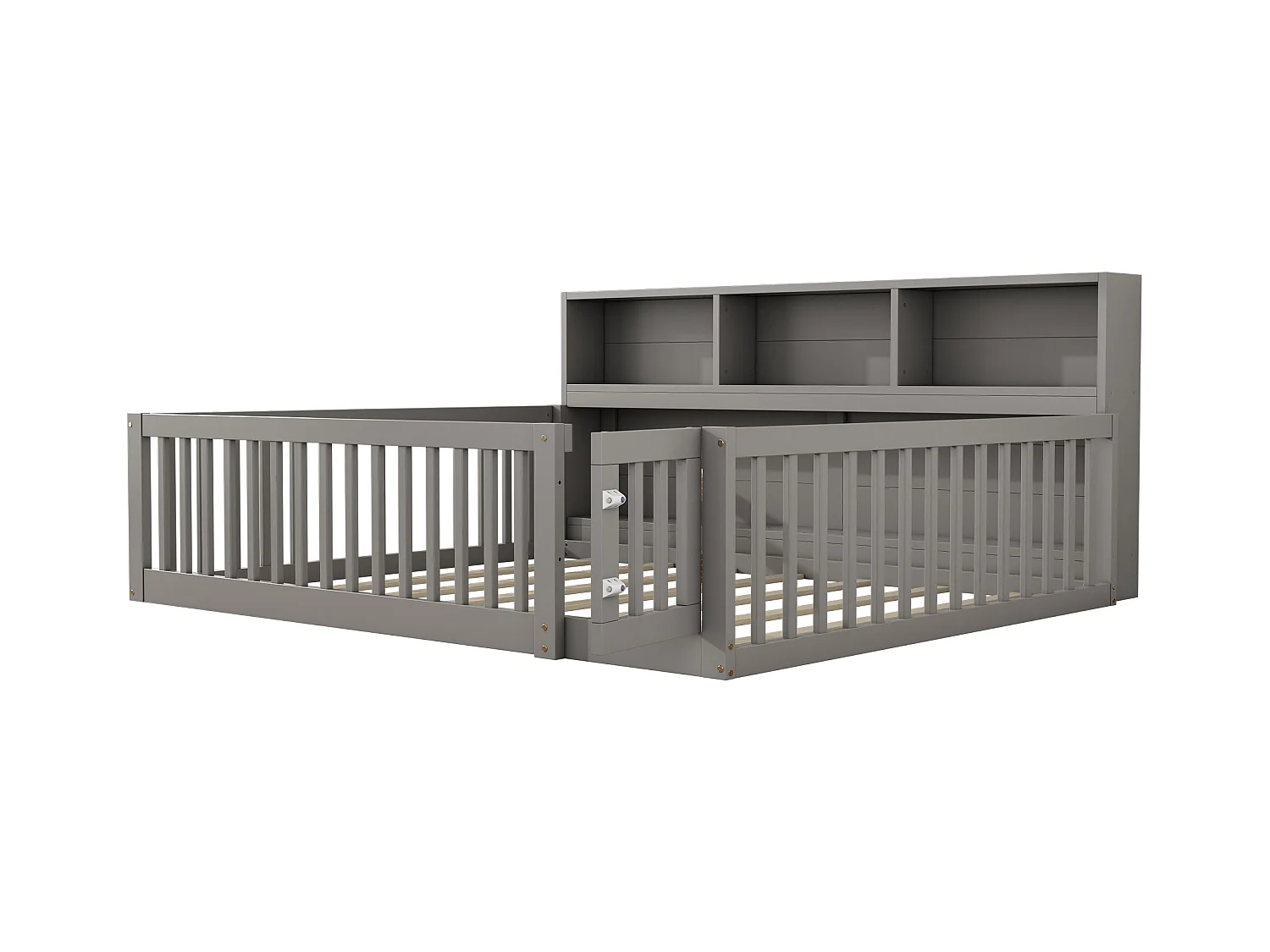 Lit au sol enfant 140x200cm avec barrière et Etagère, bois de pin gris, sans matelas