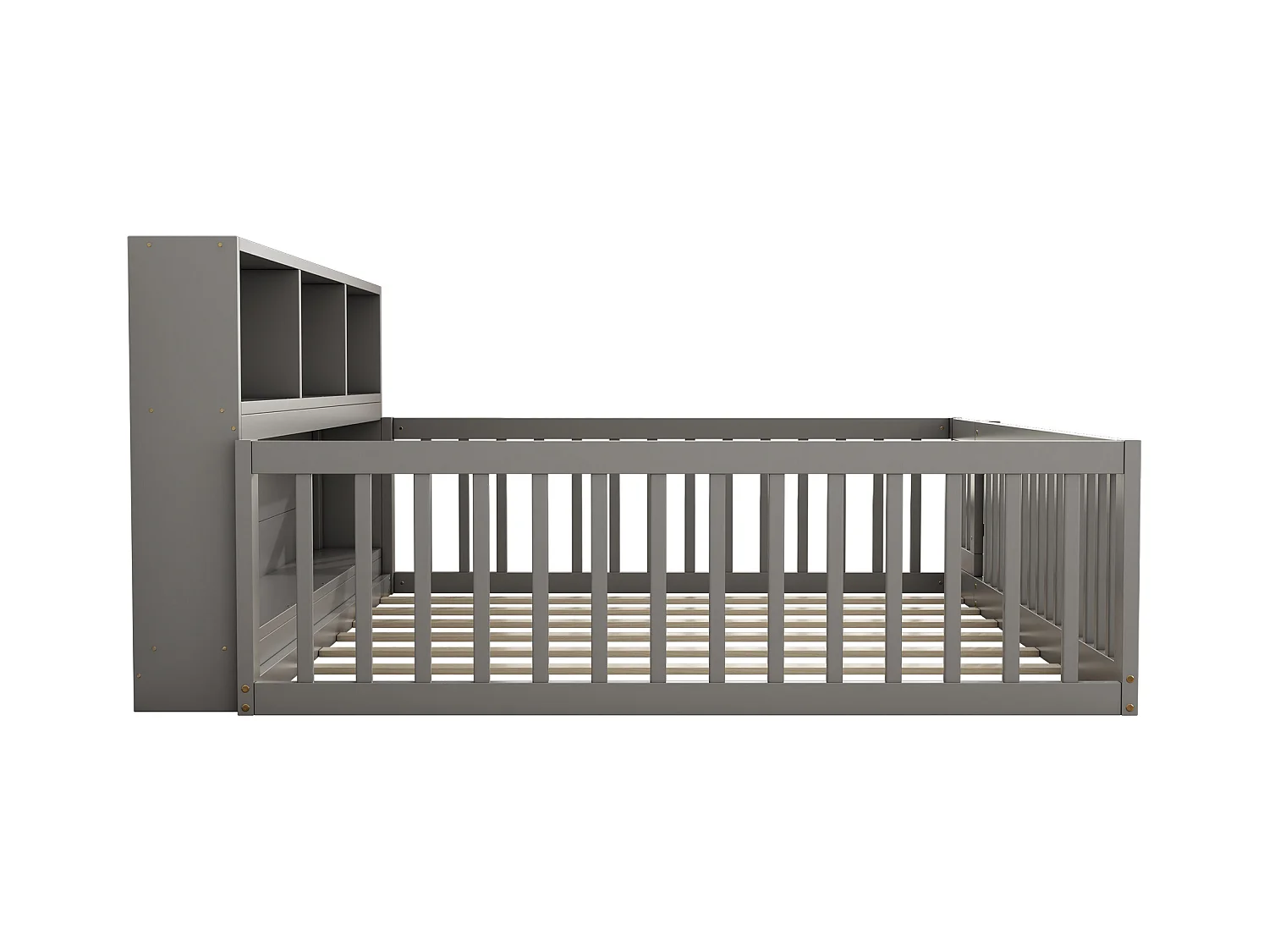 Lit au sol enfant 140x200cm avec barrière et Etagère, bois de pin gris, sans matelas