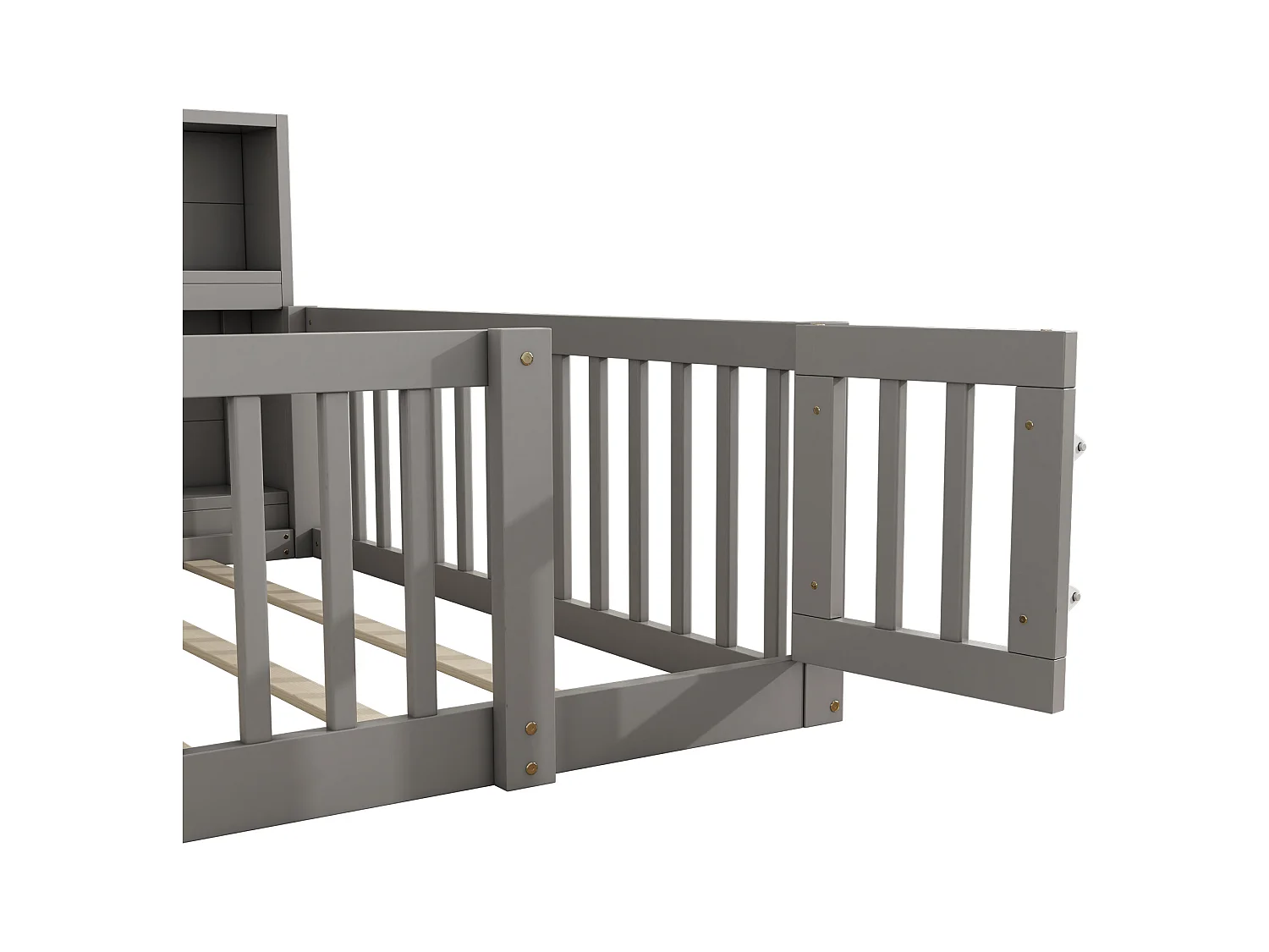 Lit au sol enfant 140x200cm avec barrière et Etagère, bois de pin gris, sans matelas