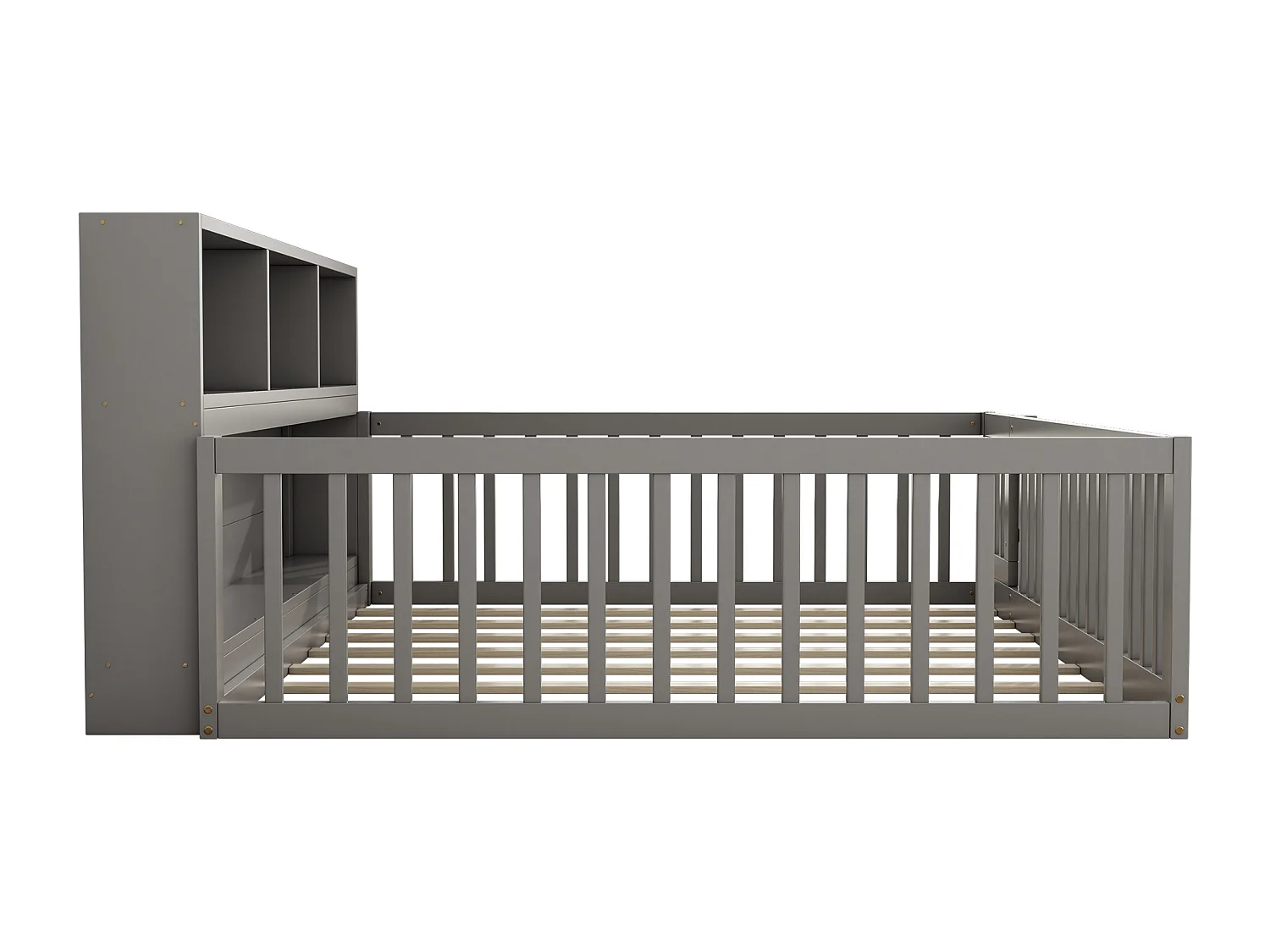 Lit au sol enfant 140x200cm avec barrière et Etagère, bois de pin gris, sans matelas