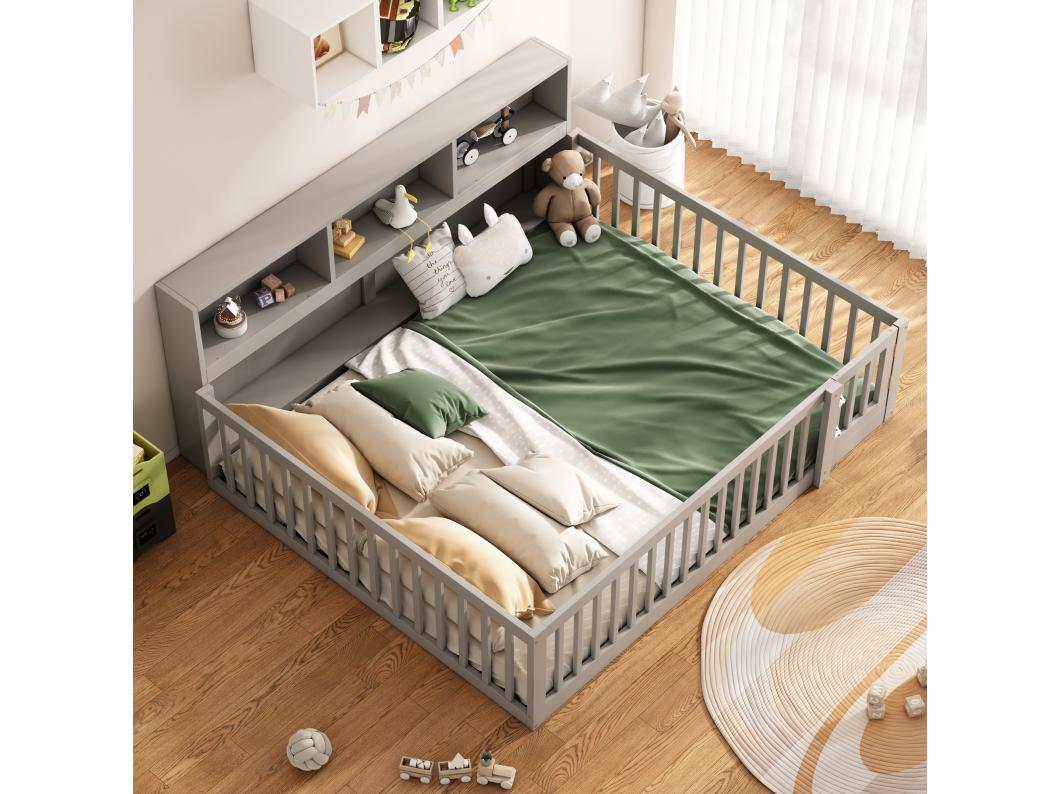 Letto basso bambino 140x200 cm con barriera e mensola, legno di pino grigio, senza materasso
