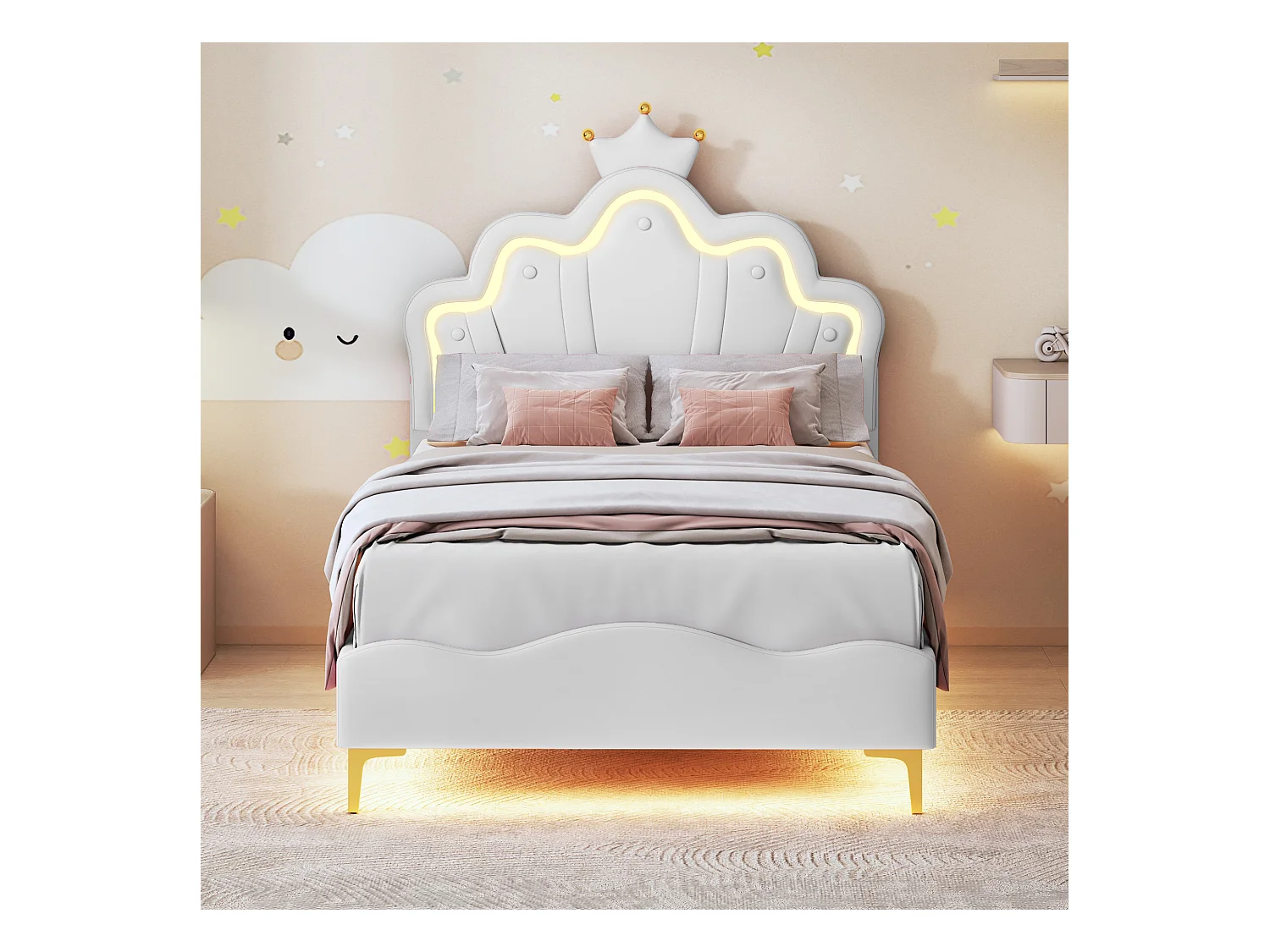 90 * 200cm lit double plat, lit de princesse en forme de couronne, intérieur en cuir pu souple, bande lumineuse d'ambiance LED réglable, blanc