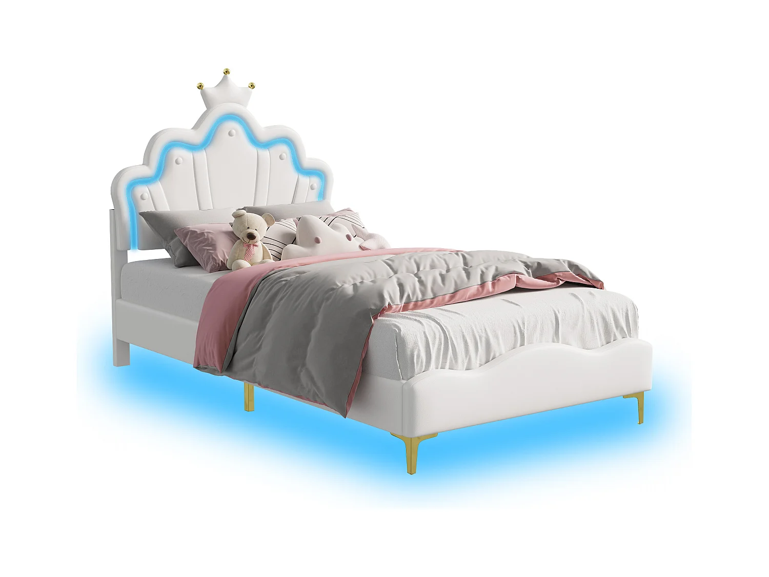 90 * 200cm lit double plat, lit de princesse en forme de couronne, intérieur en cuir pu souple, bande lumineuse d'ambiance LED réglable, blanc