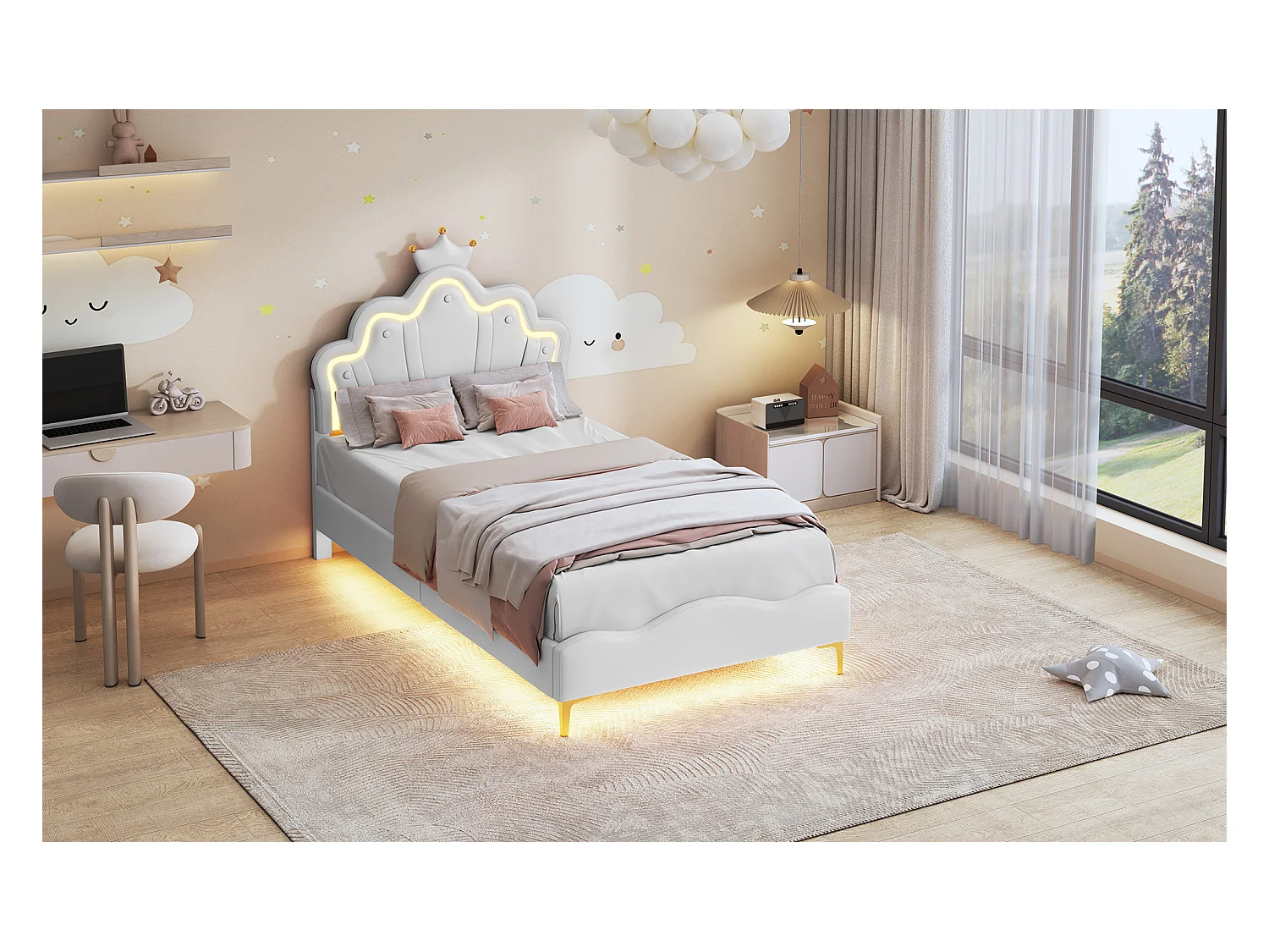 90 * 200cm lit double plat, lit de princesse en forme de couronne, intérieur en cuir pu souple, bande lumineuse d'ambiance LED réglable, blanc