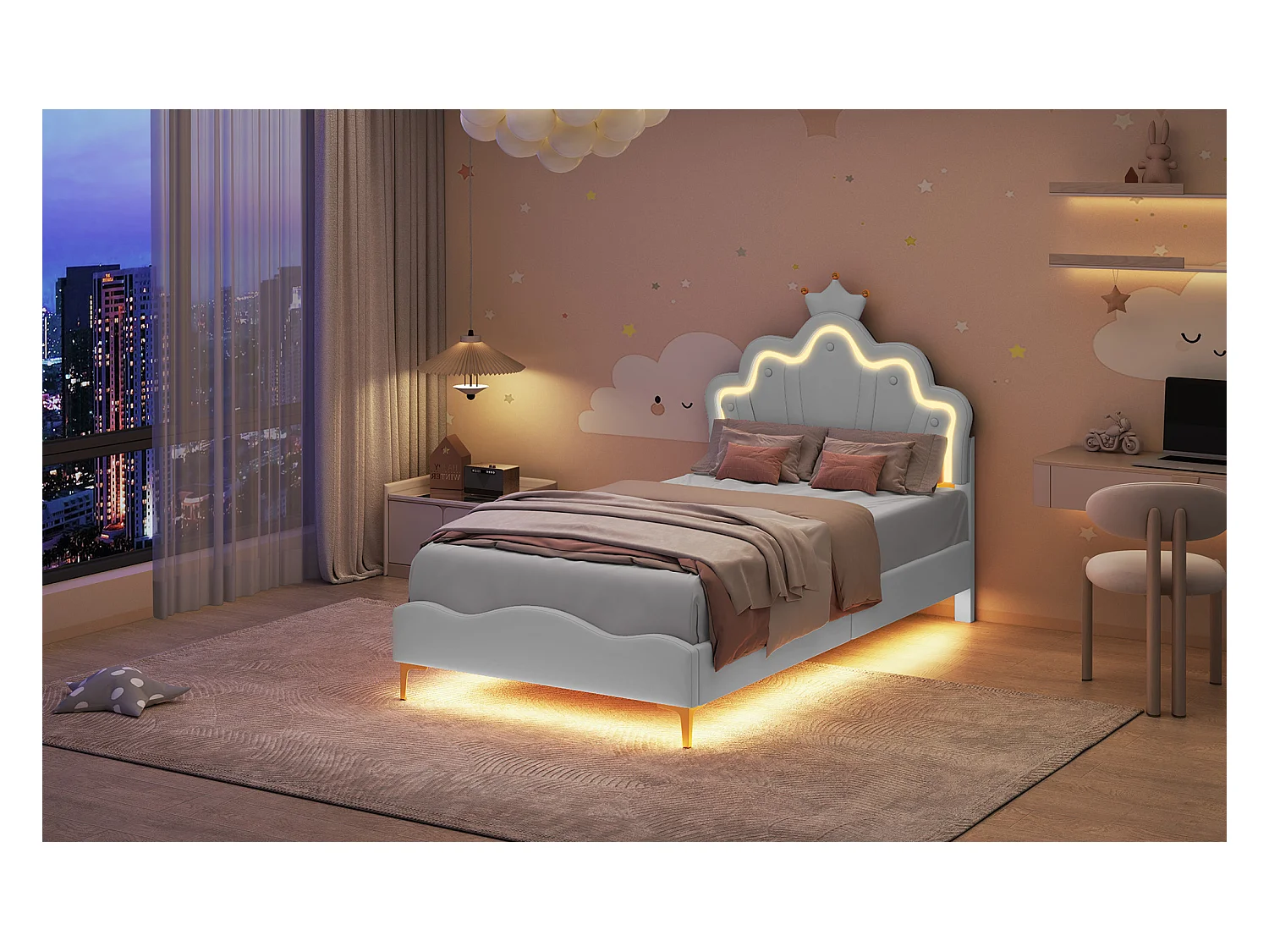90 * 200cm lit double plat, lit de princesse en forme de couronne, intérieur en cuir pu souple, bande lumineuse d'ambiance LED réglable, blanc