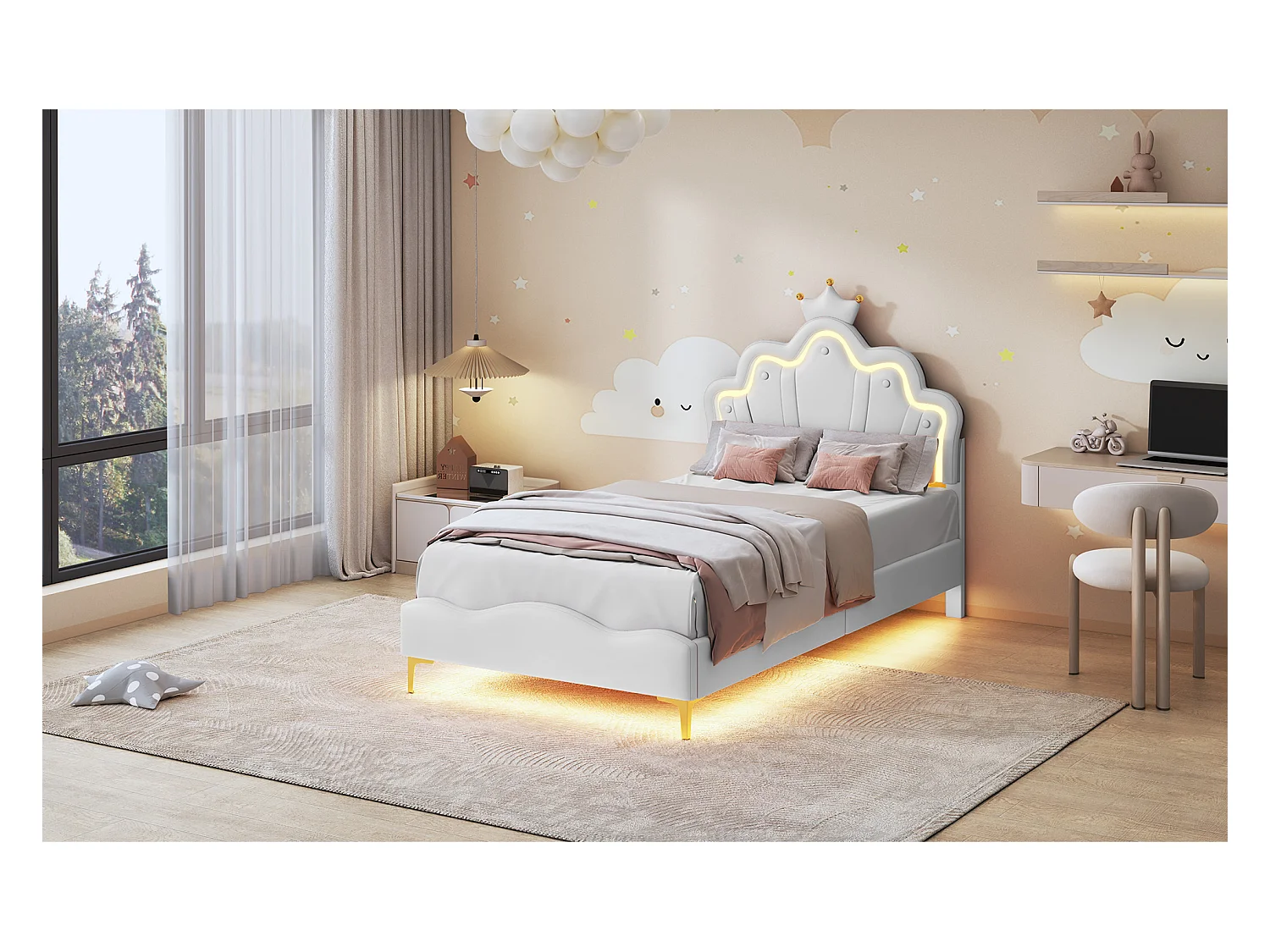 90 * 200cm lit double plat, lit de princesse en forme de couronne, intérieur en cuir pu souple, bande lumineuse d'ambiance LED réglable, blanc