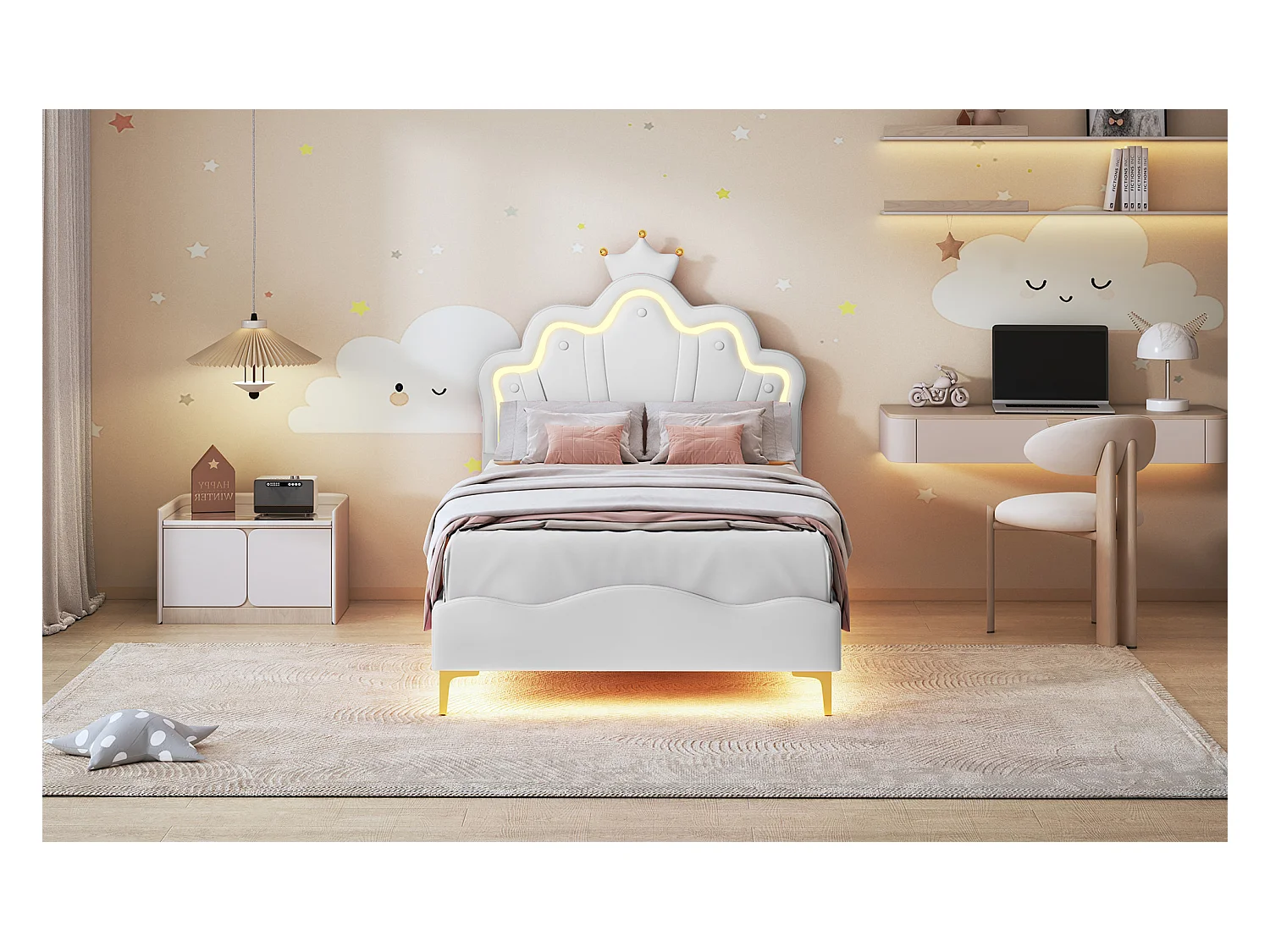 90 * 200cm lit double plat, lit de princesse en forme de couronne, intérieur en cuir pu souple, bande lumineuse d'ambiance LED réglable, blanc