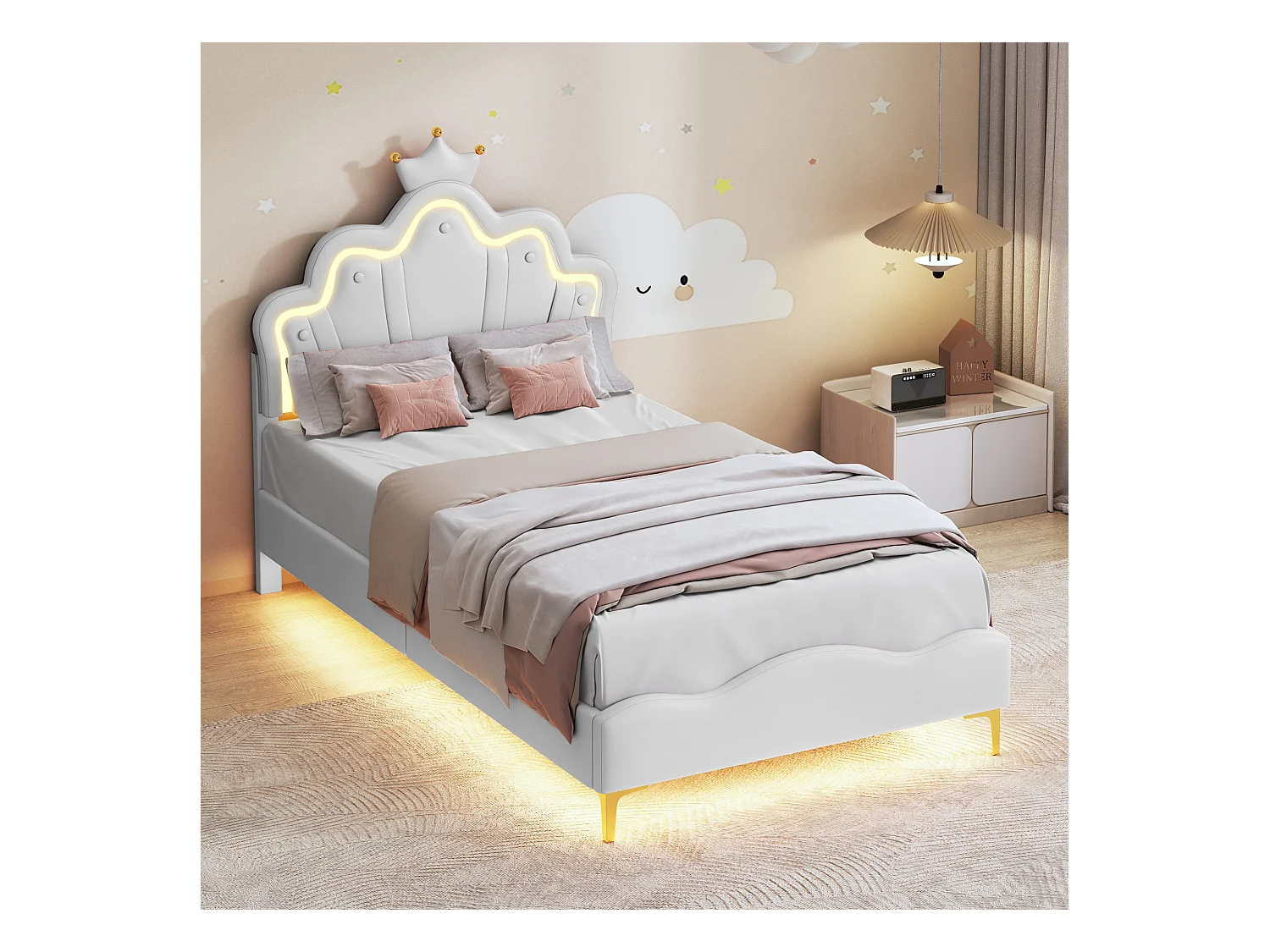 90 * 200cm lit double plat, lit de princesse en forme de couronne, intérieur en cuir pu souple, bande lumineuse d'ambiance LED réglable, blanc