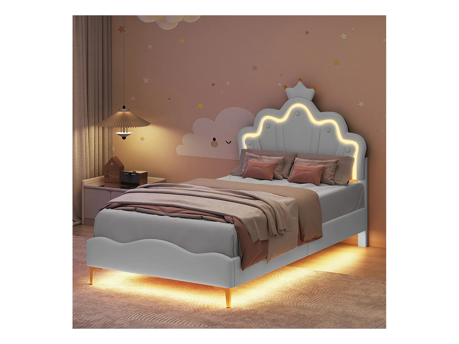 90 * 200cm lit double plat, lit de princesse en forme de couronne, intérieur en cuir pu souple, bande lumineuse d'ambiance LED réglable, blanc